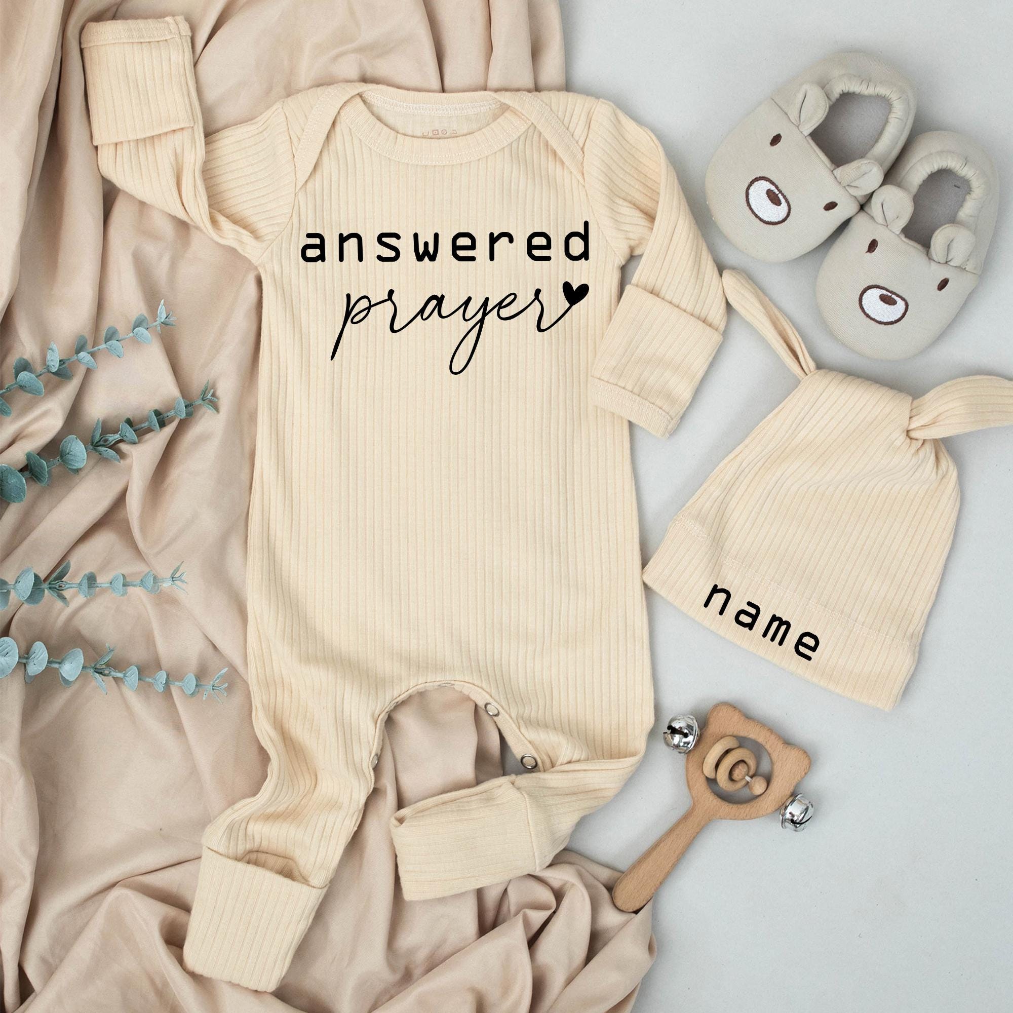 Answered Prayer Baby Bodysuit with Custom Hat Name Minimalist Newborn Outfit Soft Cotton Baby Girl or Boy Gift for Coming Home or Shower