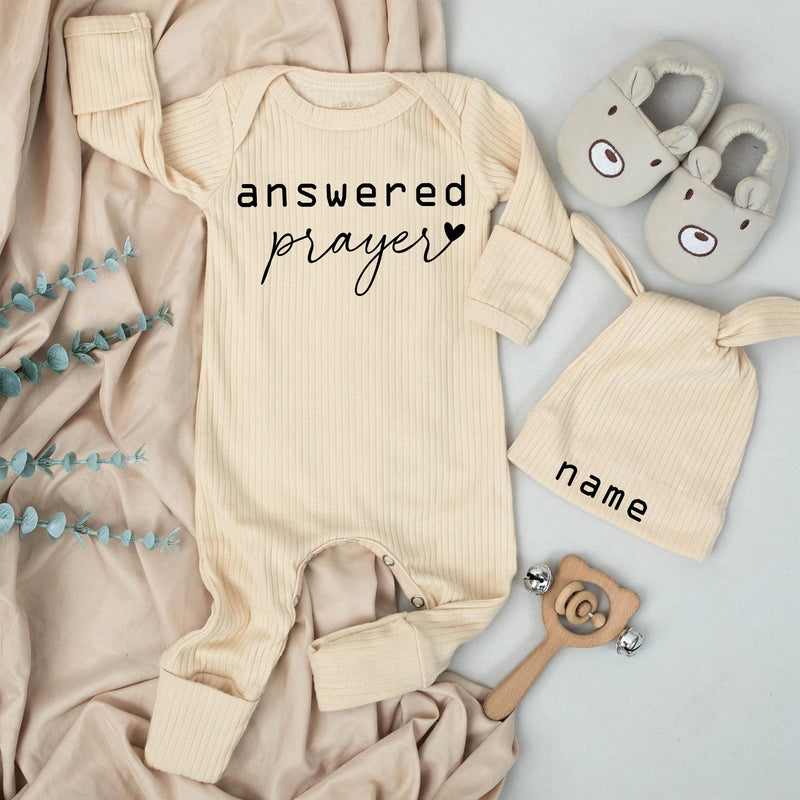 Answered Prayer Baby Bodysuit with Custom Hat Name Minimalist Newborn Outfit Soft Cotton Baby Girl or Boy Gift for Coming Home or Shower