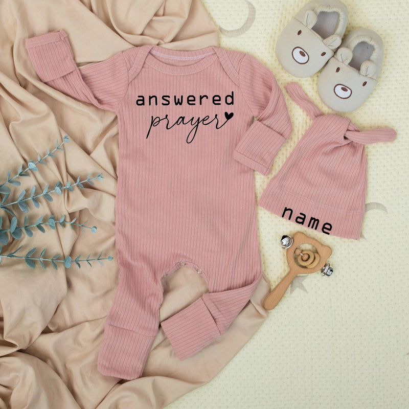 Answered Prayer Baby Bodysuit with Custom Hat Name Minimalist Newborn Outfit Soft Cotton Baby Girl or Boy Gift for Coming Home or Shower