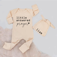 Answered Prayer Baby Bodysuit and Hat Set Custom Name Minimalist Design Soft Cotton Coming Home Outfit Newborn Infant Baby Shower Gift