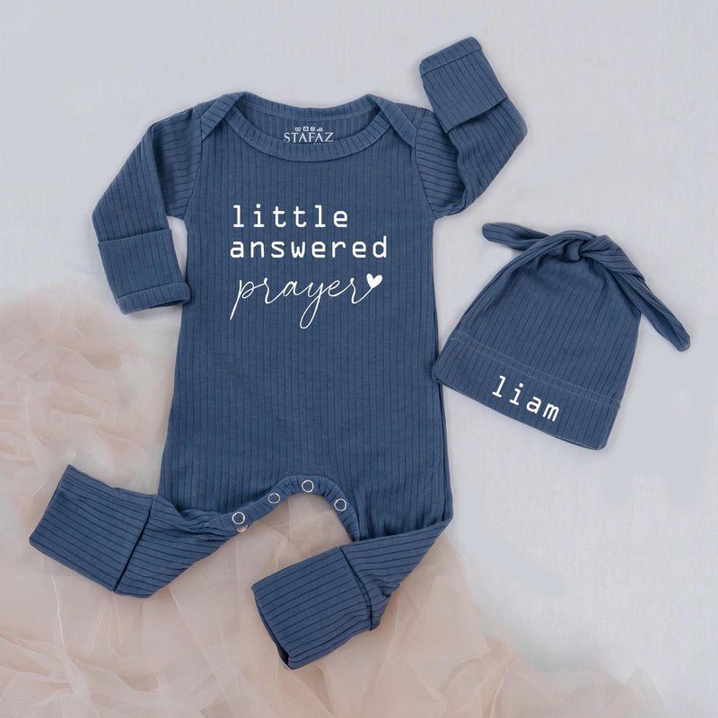 Answered Prayer Baby Bodysuit and Hat Set Custom Name Minimalist Design Soft Cotton Coming Home Outfit Newborn Infant Baby Shower Gift