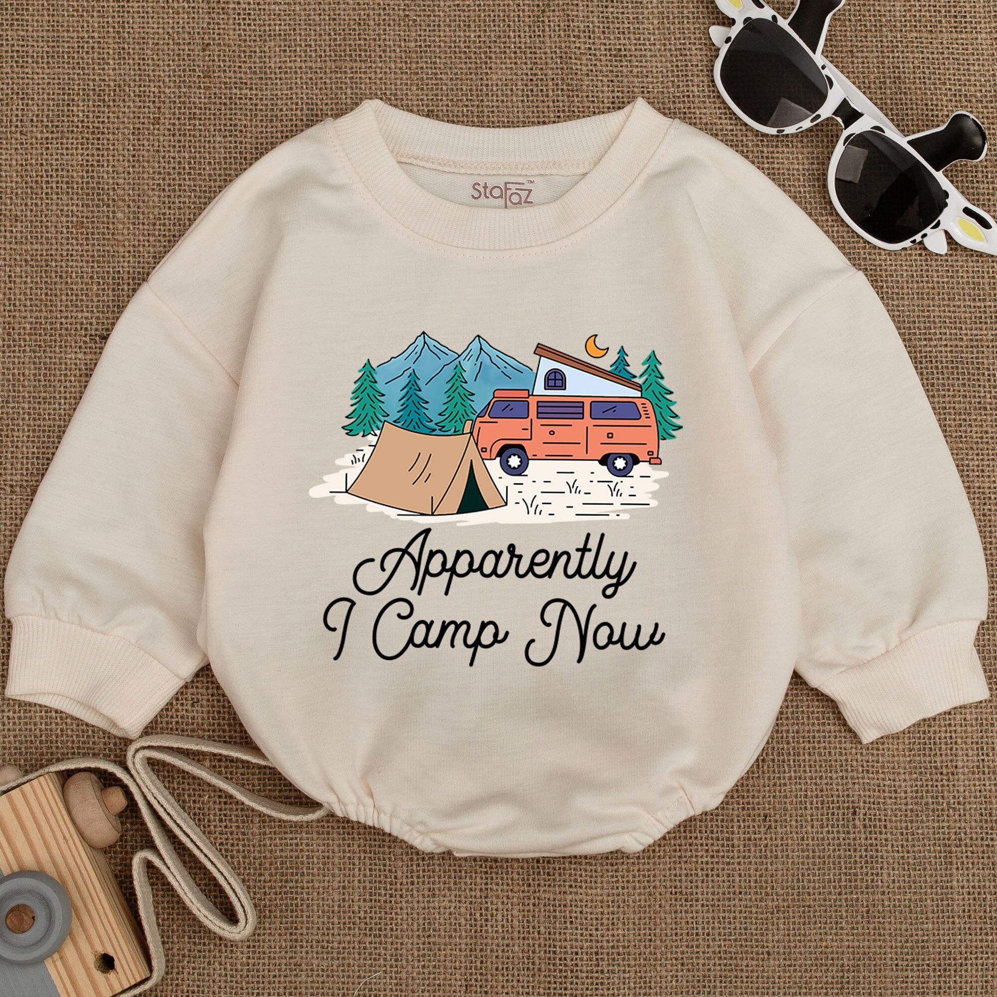 Apparently I Camp Now Baby Bodysuit Colorful Tent Camper Van Mountains Outdoor Adventure Soft Cotton Gift for Infant Boy or Girl
