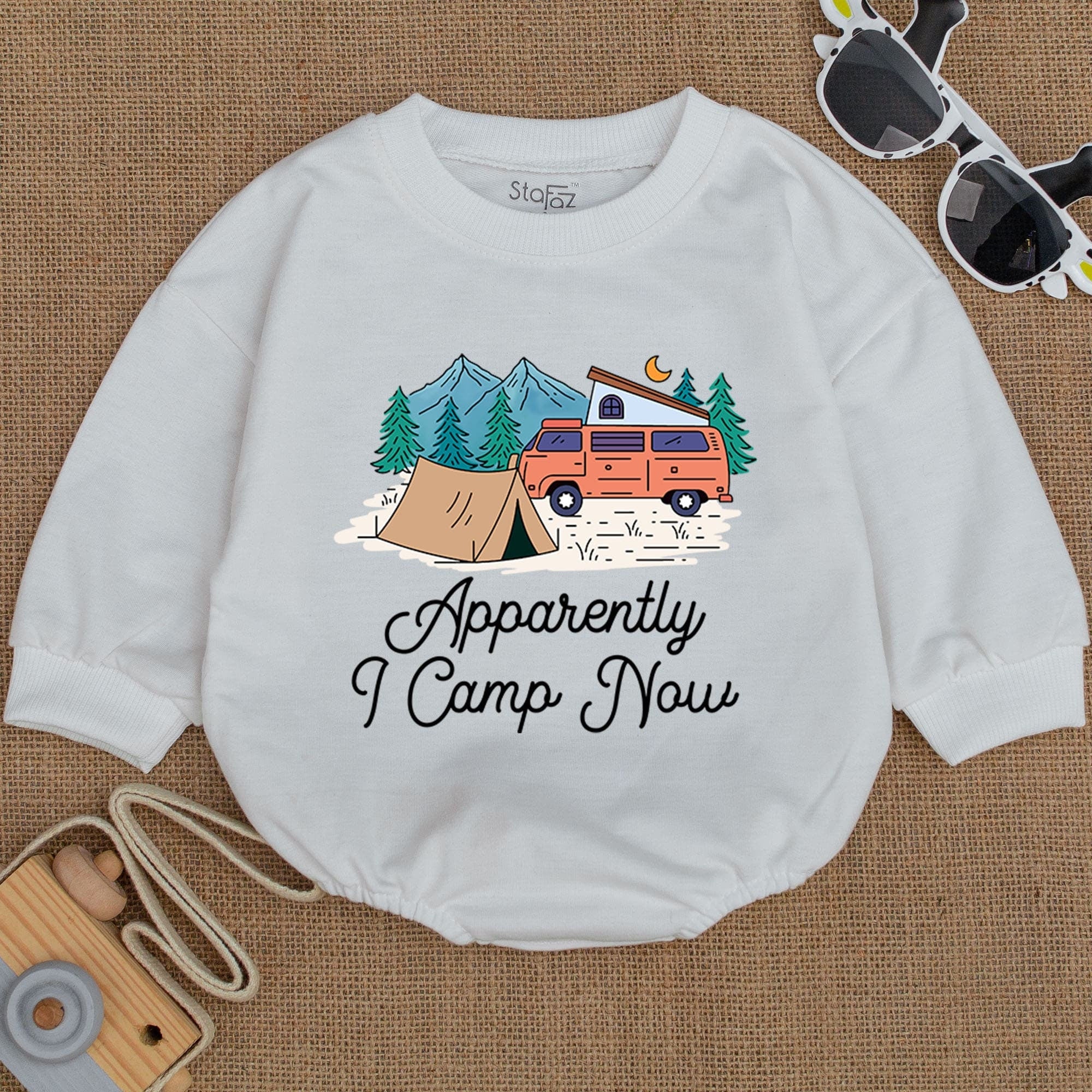 Apparently I Camp Now Baby Bodysuit Colorful Tent Camper Van Mountains Outdoor Adventure Soft Cotton Gift for Infant Boy or Girl