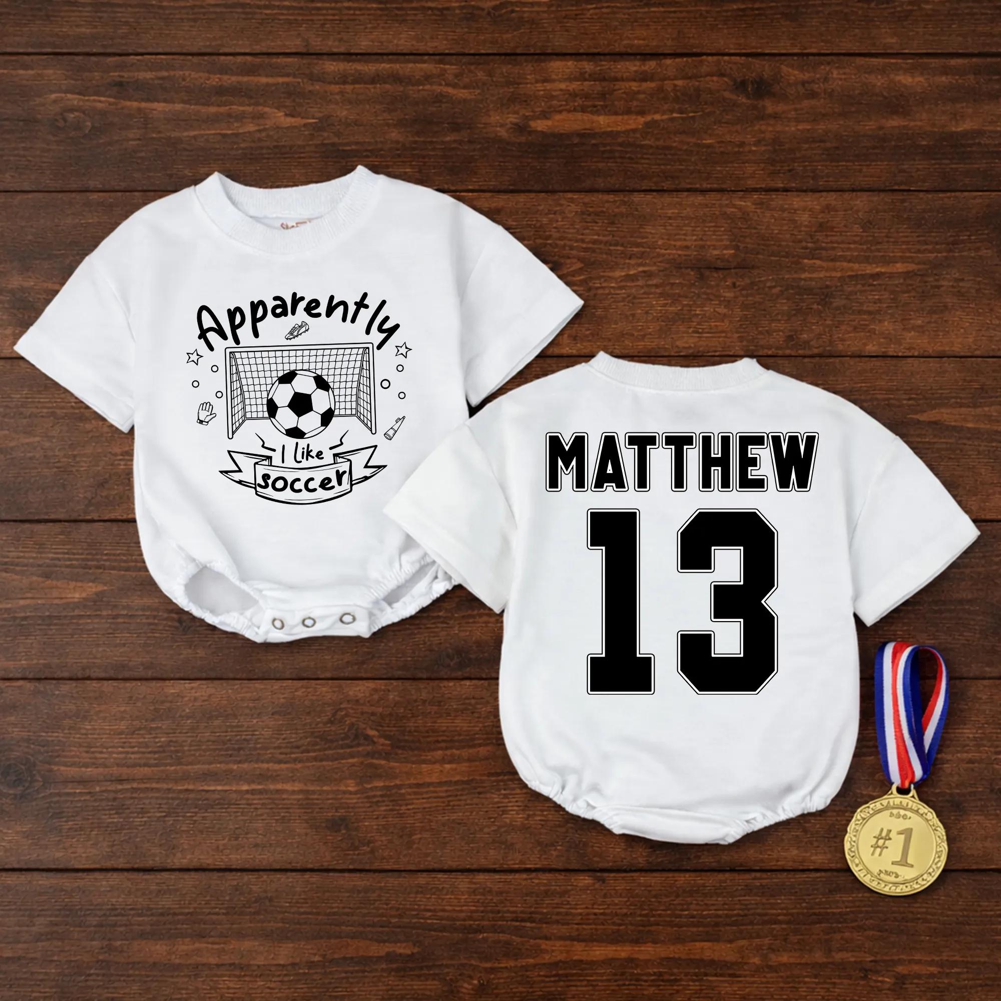 Apparently I Like Soccer Baby Romper with Custom Name and Number, Funny Soccer Infant Outfit for Baby Shower or Sports Fans