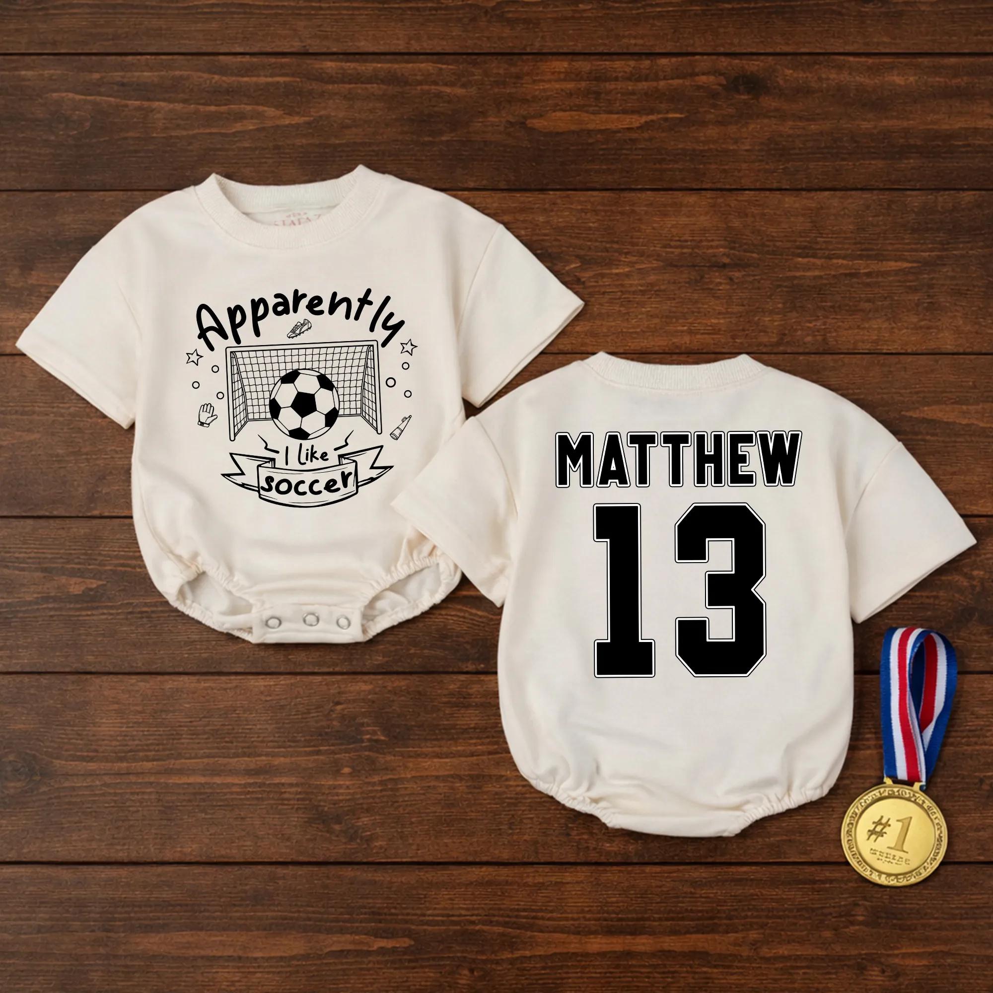 Apparently I Like Soccer Baby Romper with Custom Name and Number, Funny Soccer Infant Outfit for Baby Shower or Sports Fans