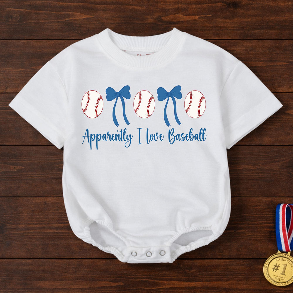 Apparently I Love Baseball Baby Girl Bubble Romper with Baseballs and Blue Bows Cute Infant Outfit for Little Fans Soft Comfortable Cotton