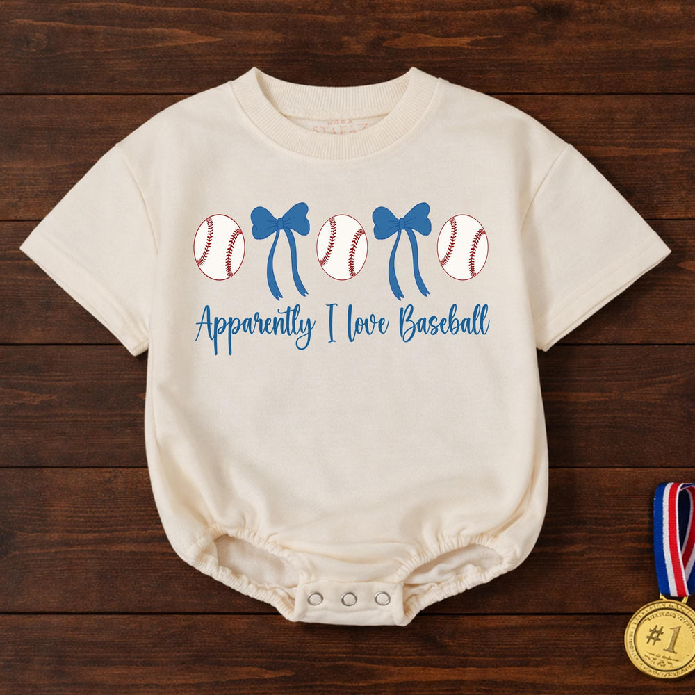 Apparently I Love Baseball Baby Girl Bubble Romper with Baseballs and Blue Bows Cute Infant Outfit for Little Fans Soft Comfortable Cotton