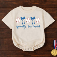 Apparently I Love Baseball Baby Girl Bubble Romper with Baseballs and Blue Bows Cute Infant Outfit for Little Fans Soft Comfortable Cotton