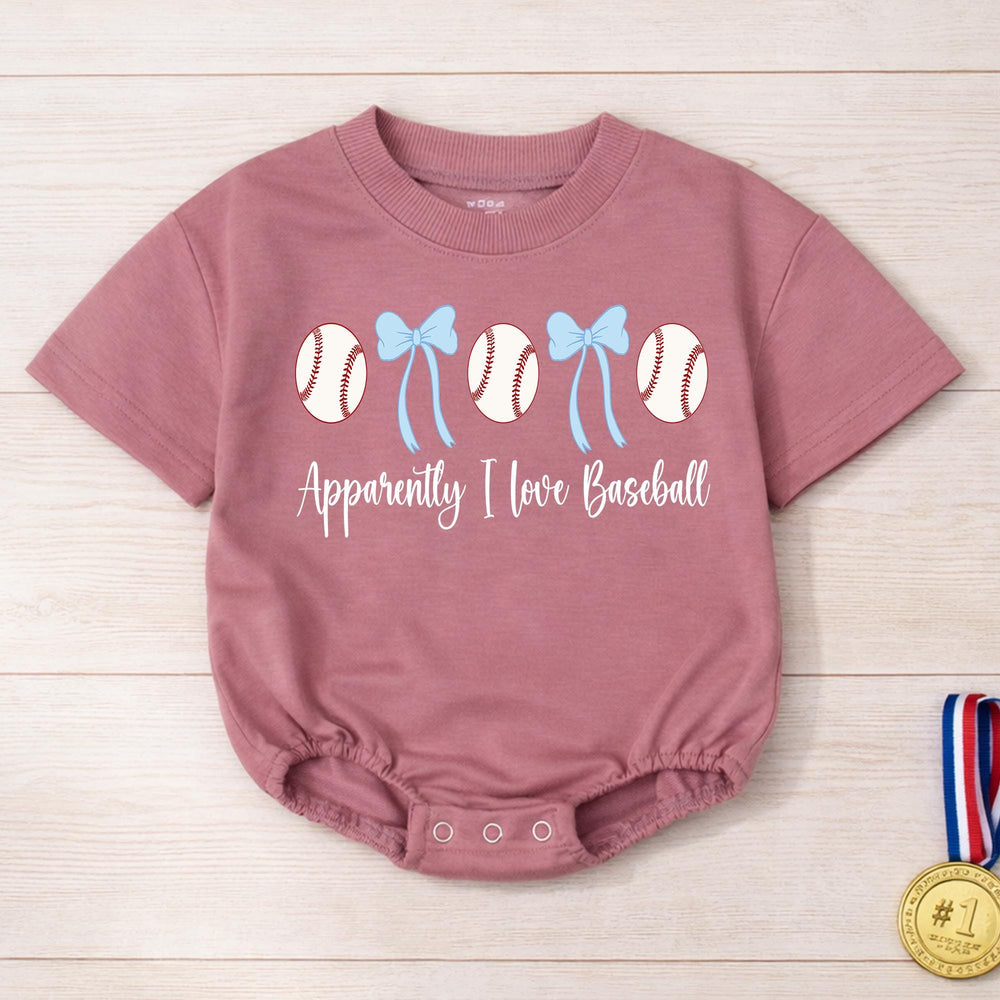 Apparently I Love Baseball Baby Girl Bubble Romper with Baseballs and Blue Bows Cute Infant Outfit for Little Fans Soft Comfortable Cotton