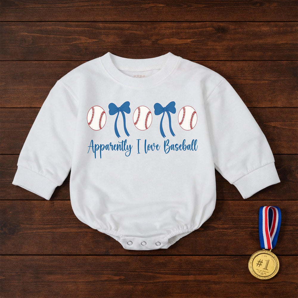 Apparently I Love Baseball Baby Girl Bubble Romper with Baseballs and Blue Bows Cute Infant Outfit for Little Fans Soft Comfortable Cotton