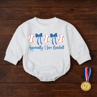 Apparently I Love Baseball Baby Girl Bubble Romper with Baseballs and Blue Bows Cute Infant Outfit for Little Fans Soft Comfortable Cotton