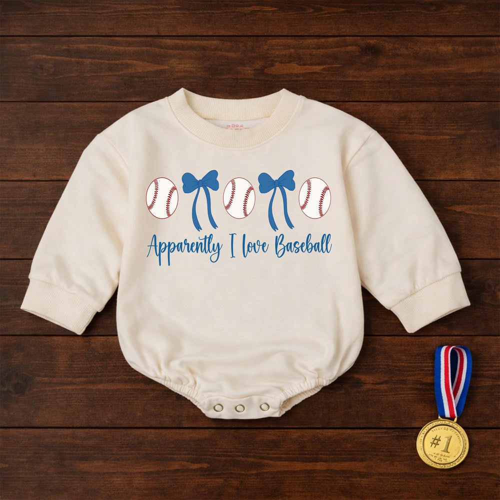 Apparently I Love Baseball Baby Girl Bubble Romper with Baseballs and Blue Bows Cute Infant Outfit for Little Fans Soft Comfortable Cotton