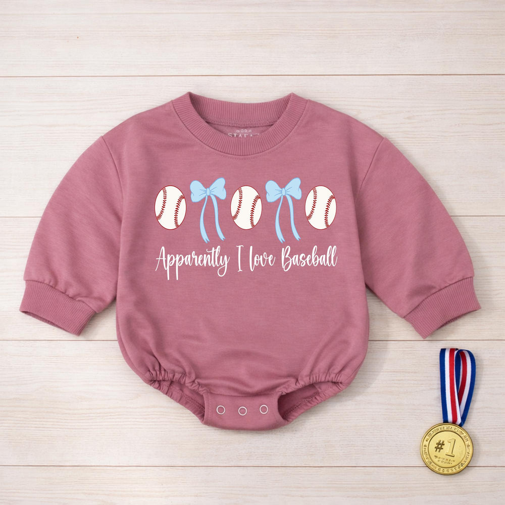 Apparently I Love Baseball Baby Girl Bubble Romper with Baseballs and Blue Bows Cute Infant Outfit for Little Fans Soft Comfortable Cotton
