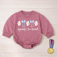 Apparently I Love Baseball Baby Girl Bubble Romper with Baseballs and Blue Bows Cute Infant Outfit for Little Fans Soft Comfortable Cotton