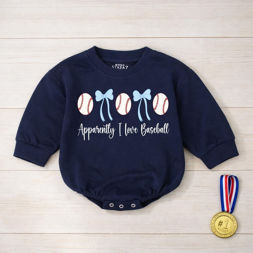 Apparently I Love Baseball Baby Girl Bubble Romper with Baseballs and Blue Bows Cute Infant Outfit for Little Fans Soft Comfortable Cotton