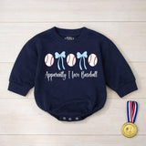 Apparently I Love Baseball Baby Girl Bubble Romper with Baseballs and Blue Bows Cute Infant Outfit for Little Fans Soft Comfortable Cotton
