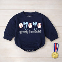 Apparently I Love Baseball Baby Girl Bubble Romper with Baseballs and Blue Bows Cute Infant Outfit for Little Fans Soft Comfortable Cotton