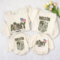 Army Mom Sweatshirt with Custom Name and Camo Flag Design, Matching Family Military Shirts for Mom, Sister, and Kids