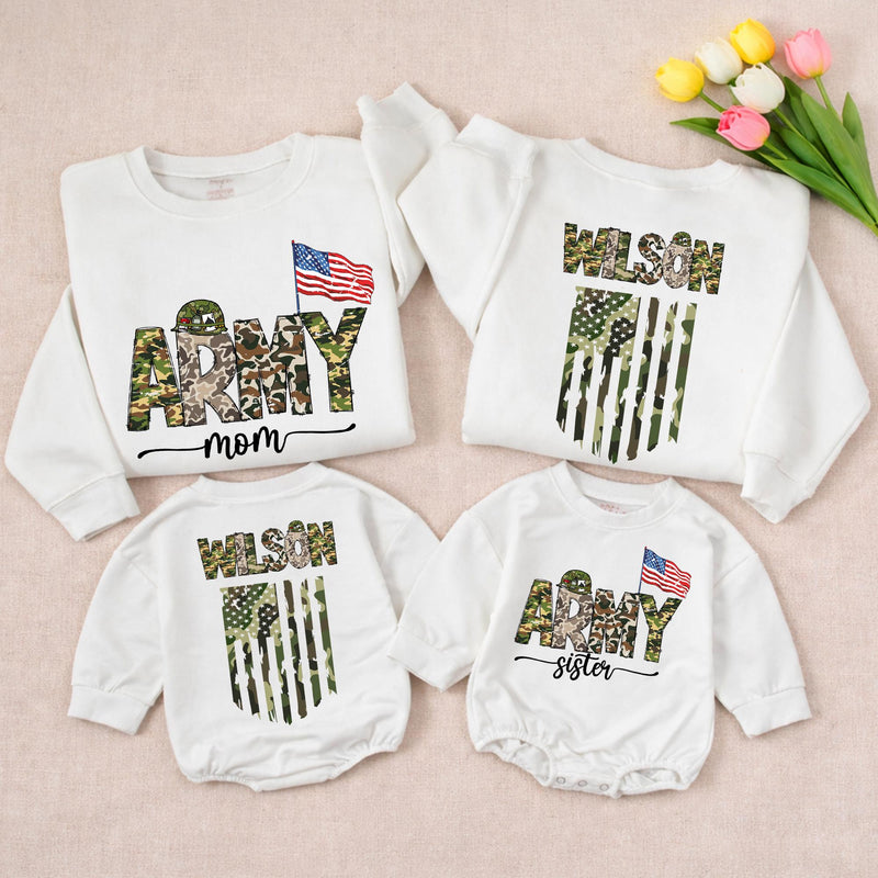 Army Mom Sweatshirt with Custom Name and Camo Flag Design, Matching Family Military Shirts for Mom, Sister, and Kids