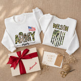 Army Mom Sweatshirt with Custom Name and Camo Flag Design, Matching Family Military Shirts for Mom, Sister, and Kids