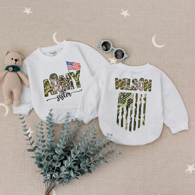 Army Mom Sweatshirt with Custom Name and Camo Flag Design, Matching Family Military Shirts for Mom, Sister, and Kids