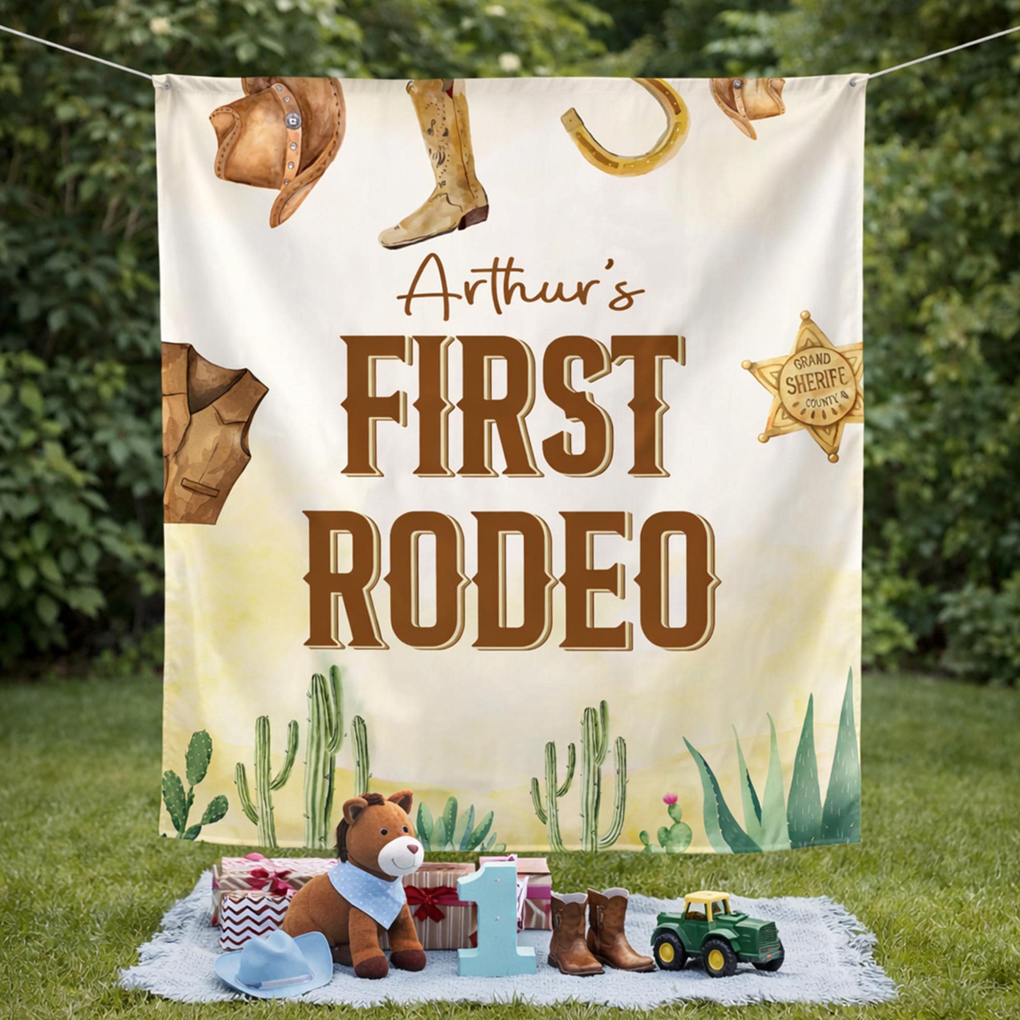Arthur's First Rodeo Silk Banner with Cactus and Cowboy Graphics, Personalized Western Birthday Backdrop for First Rodeo Party