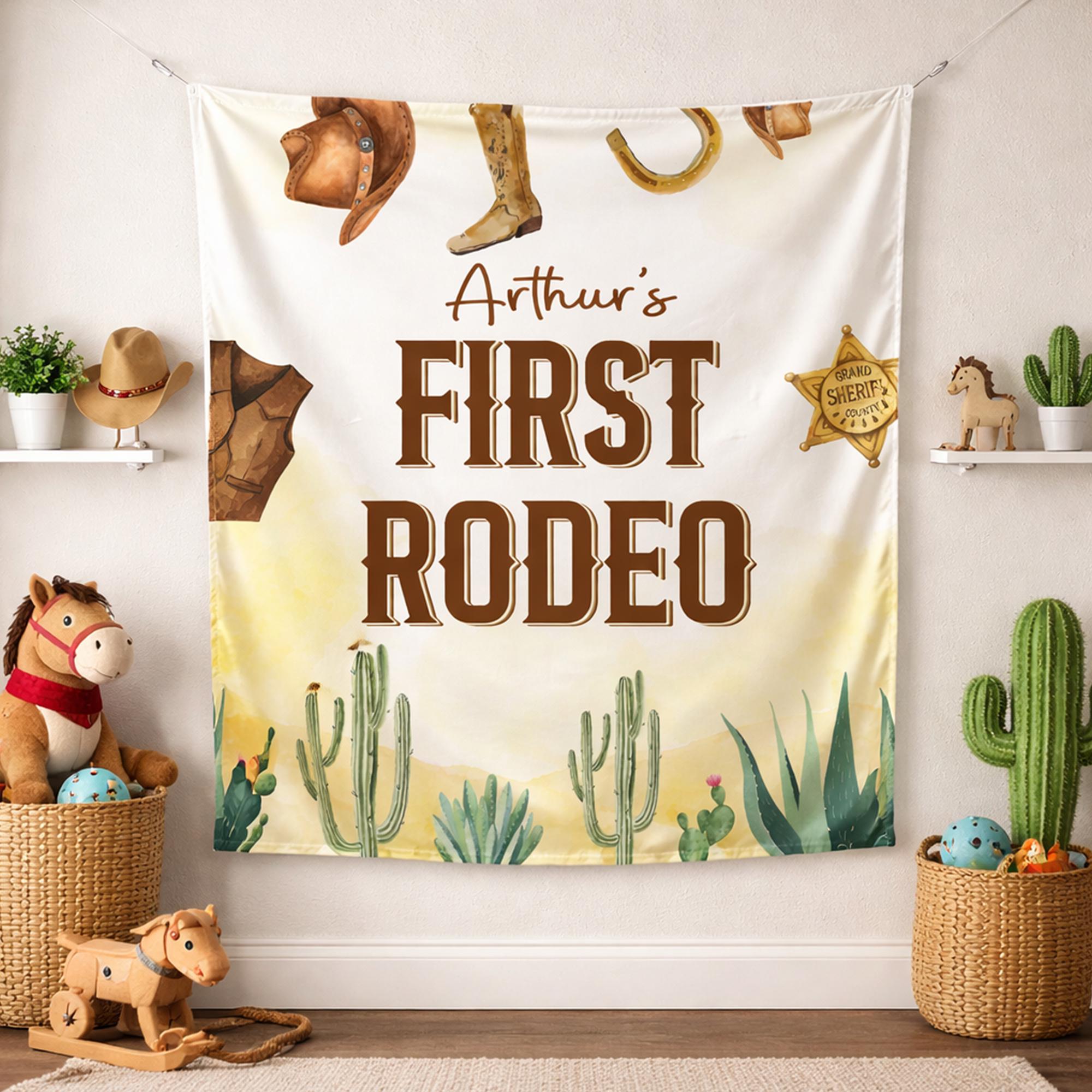 Arthur's First Rodeo Silk Banner with Cactus and Cowboy Graphics, Personalized Western Birthday Backdrop for First Rodeo Party