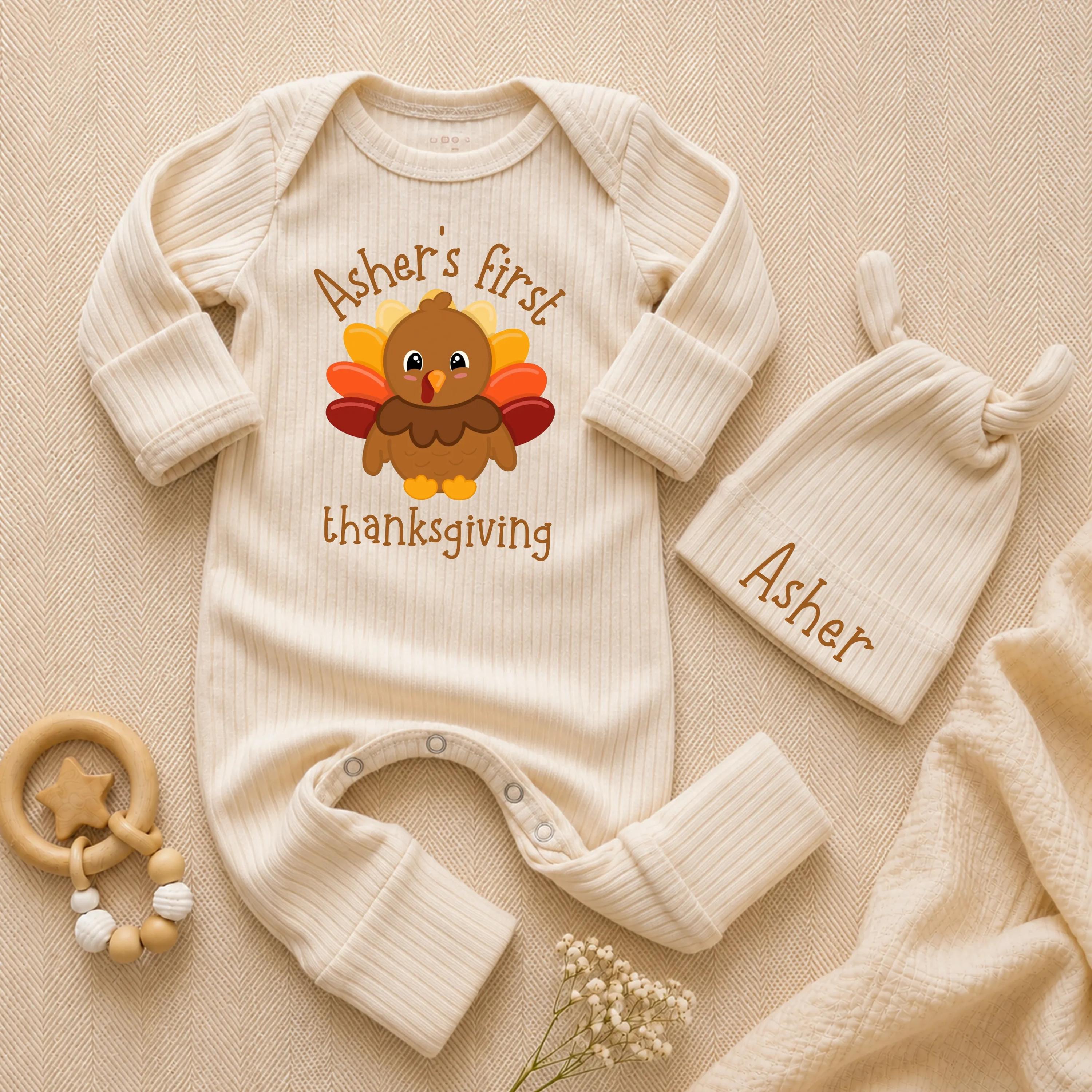 Asher's First Thanksgiving Baby Bodysuit and Hat Set with Turkey Graphic, Custom Name Newborn Outfit, Fall Coming Home Gift