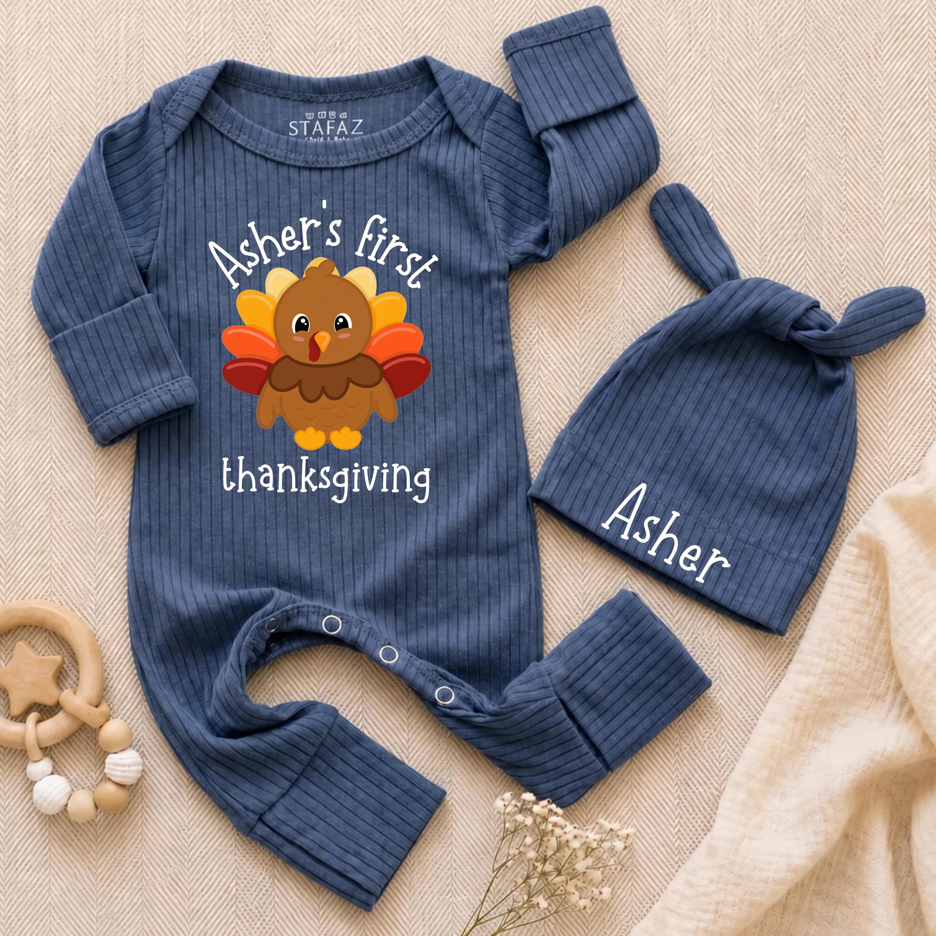 Asher's First Thanksgiving Baby Bodysuit and Hat Set with Turkey Graphic, Custom Name Newborn Outfit, Fall Coming Home Gift