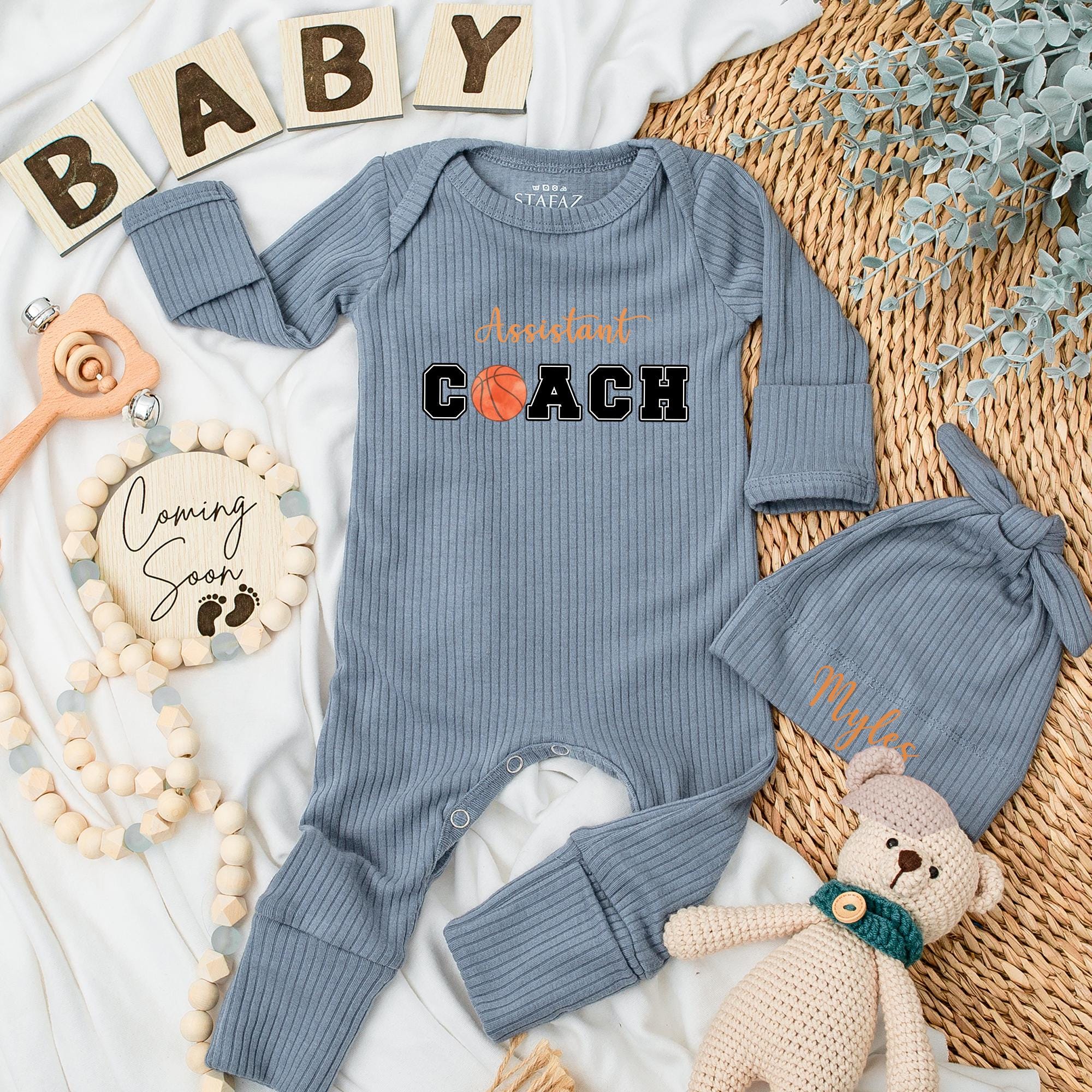Assistant Coach Basketball Baby Bodysuit Custom Gift Sporty Newborn Outfit Long Sleeve Infant Romper Orange Black Design Perfect Baby Shower