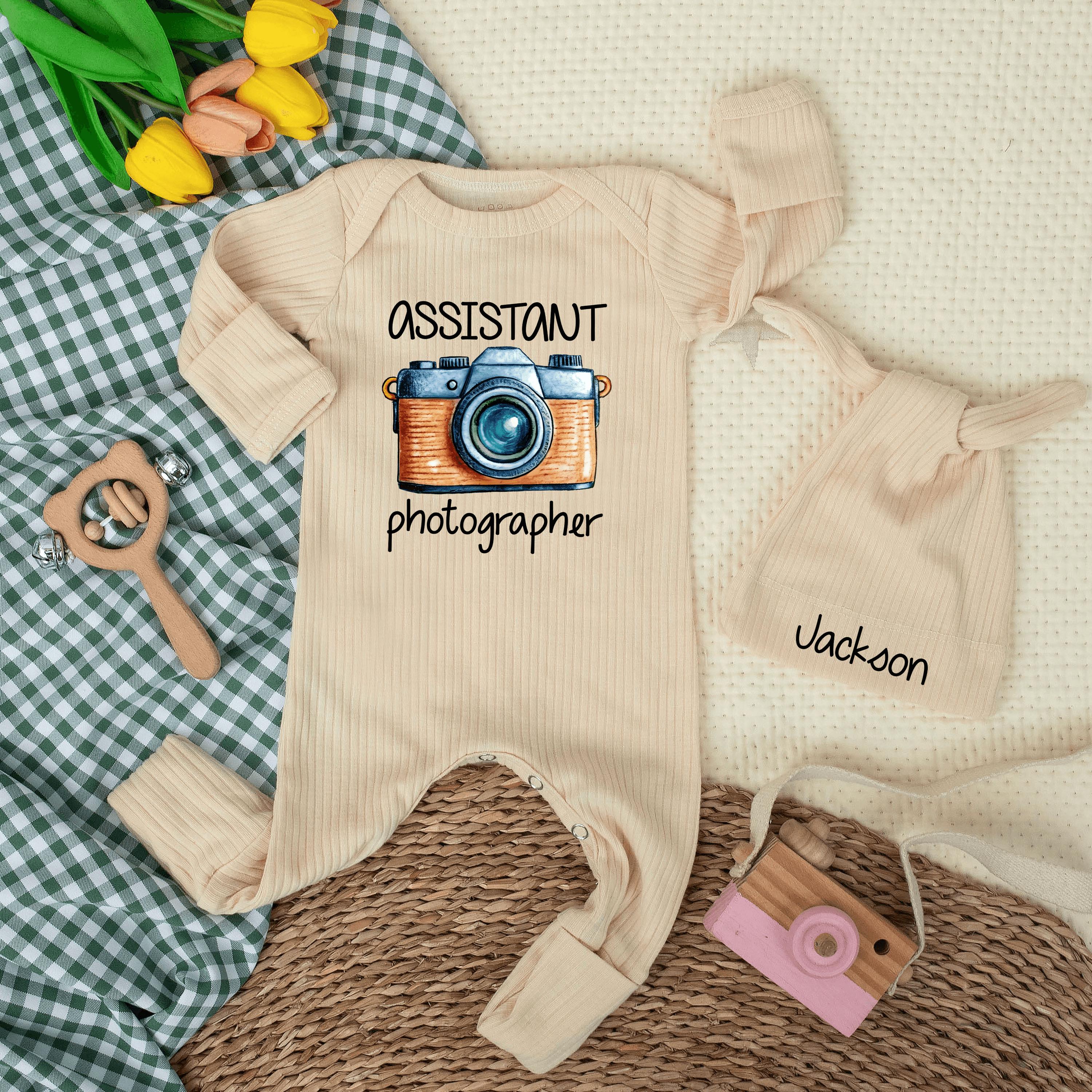 Assistant Photographer Baby Bodysuit with Camera Graphic and Custom Name Hat, Cute Photography Newborn Outfit for Baby Shower Gift