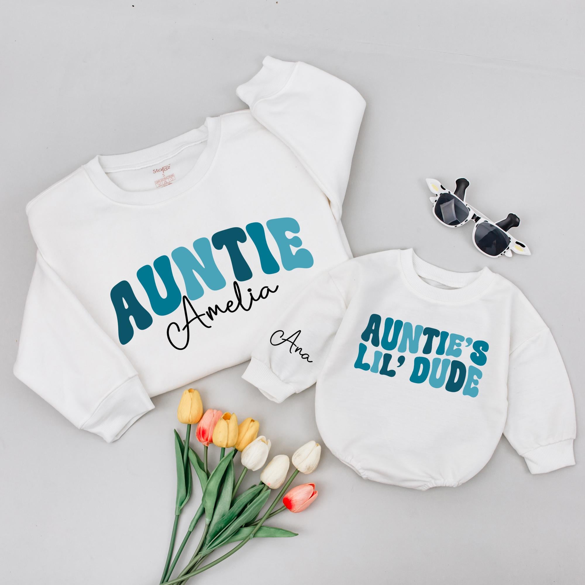 Auntie Amelia Sweatshirt with Custom Name and Auntie's Lil Dude Baby Romper, Matching Family Outfits for Special Bonding Moments
