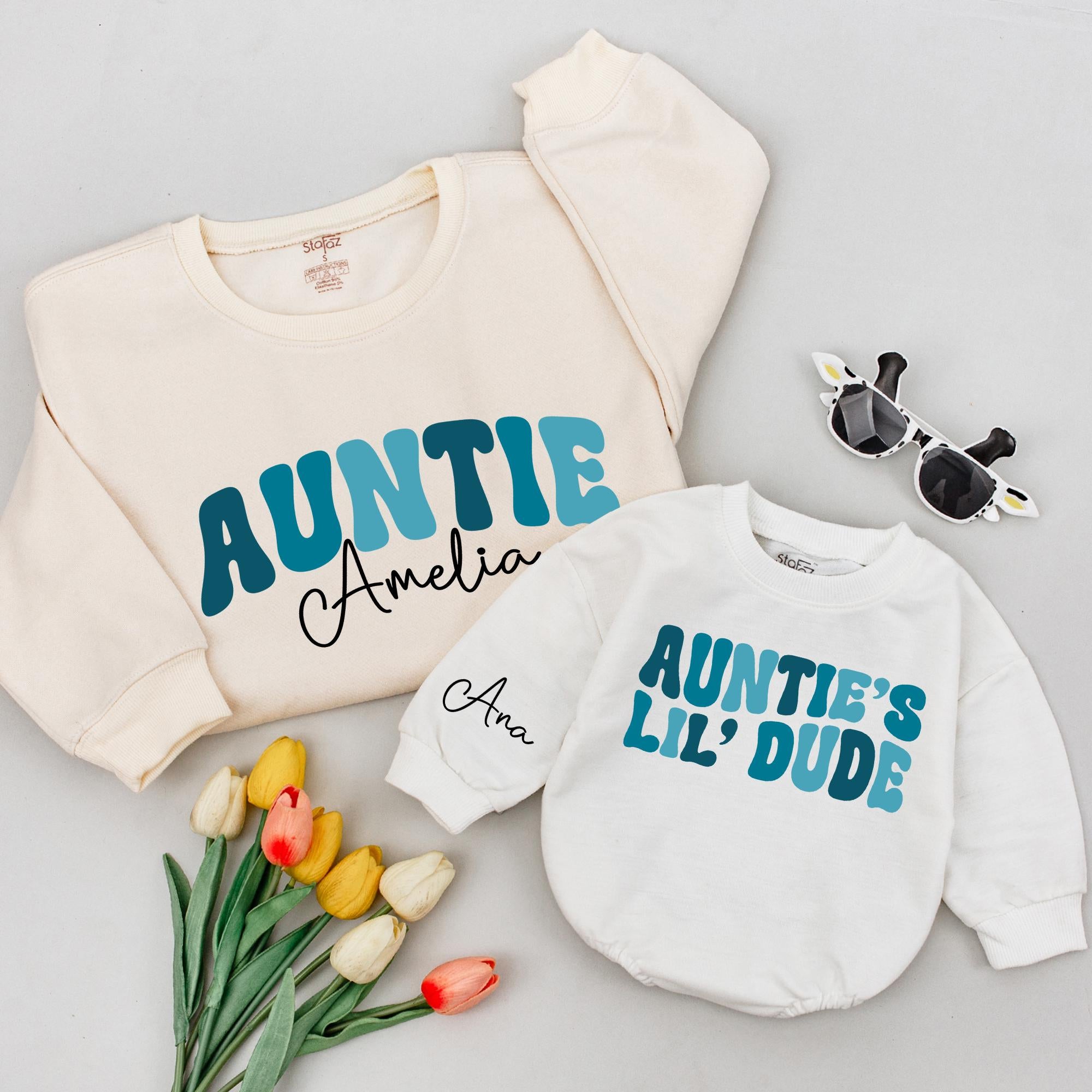 Auntie Amelia Sweatshirt with Custom Name and Auntie's Lil Dude Baby Romper, Matching Family Outfits for Special Bonding Moments