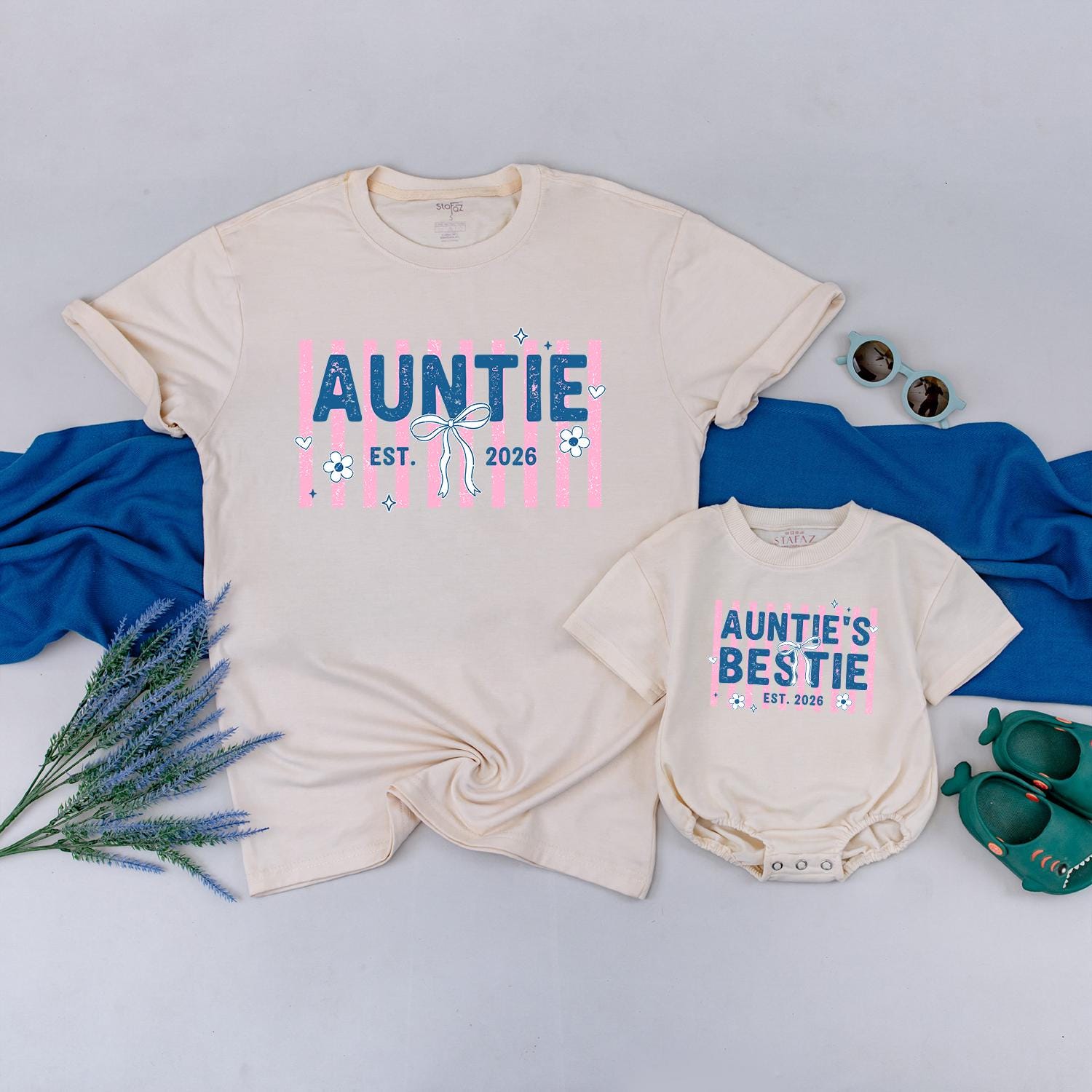 Auntie and Auntie's Bestie Matching Shirts with Custom Name and Year, Cute Baby Shower Gift, New Aunt and Baby Outfit Set