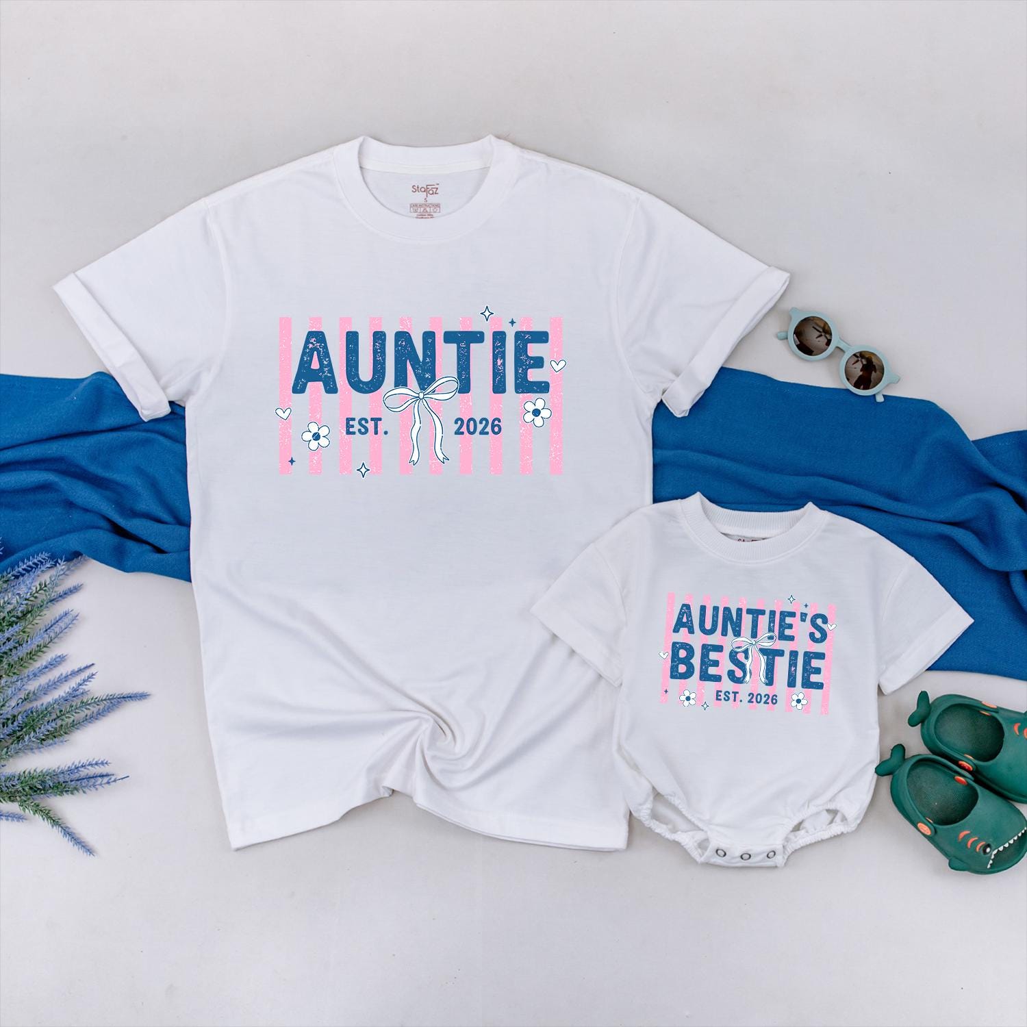 Auntie and Auntie's Bestie Matching Shirts with Custom Name and Year, Cute Baby Shower Gift, New Aunt and Baby Outfit Set