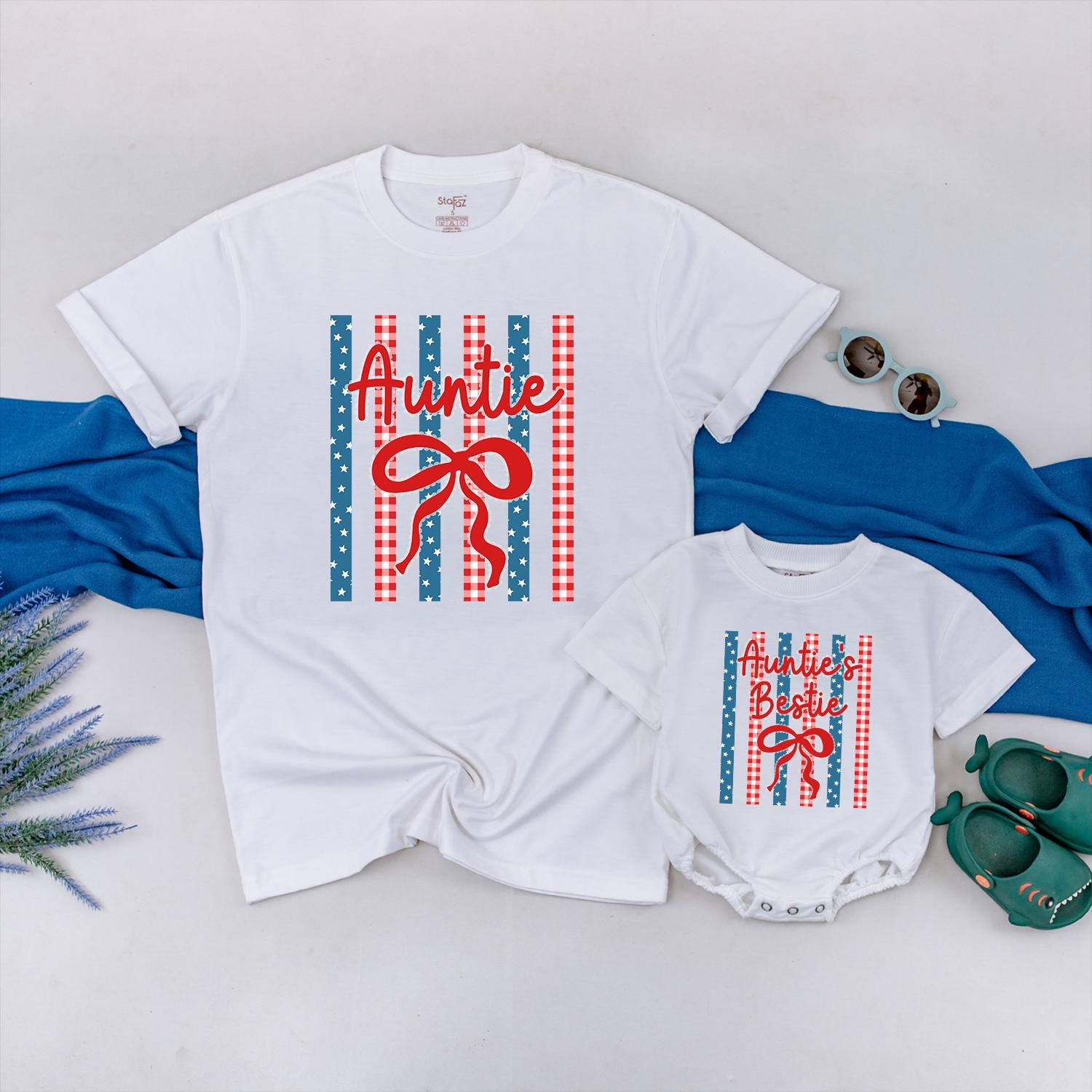 Auntie and Auntie's Bestie Matching Shirts with Patriotic Bow Design, 4th of July Family Outfit, Custom Name Baby Bodysuit Gift