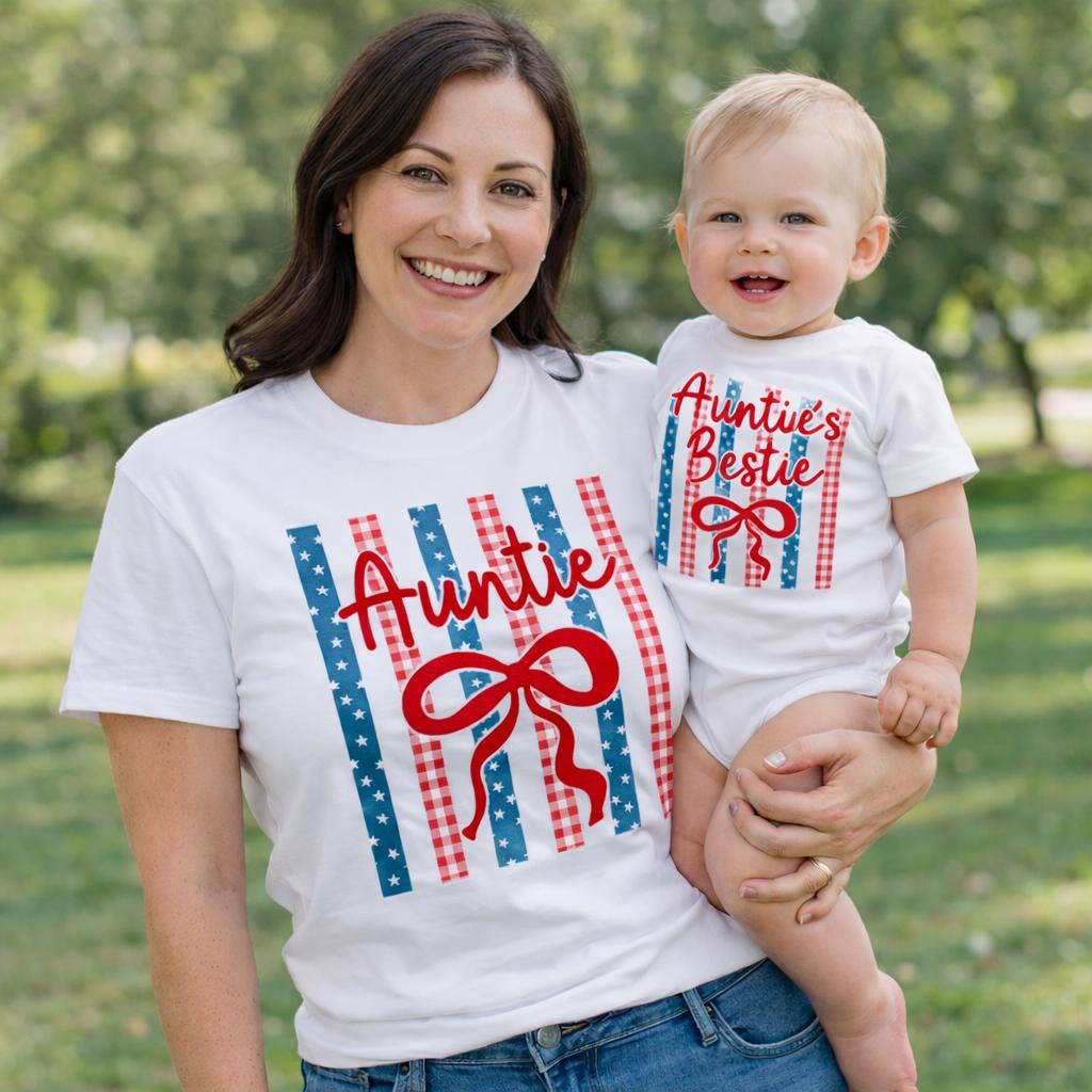 Auntie and Auntie's Bestie Matching Shirts with Patriotic Bow Design, 4th of July Family Outfit, Custom Name Baby Bodysuit Gift