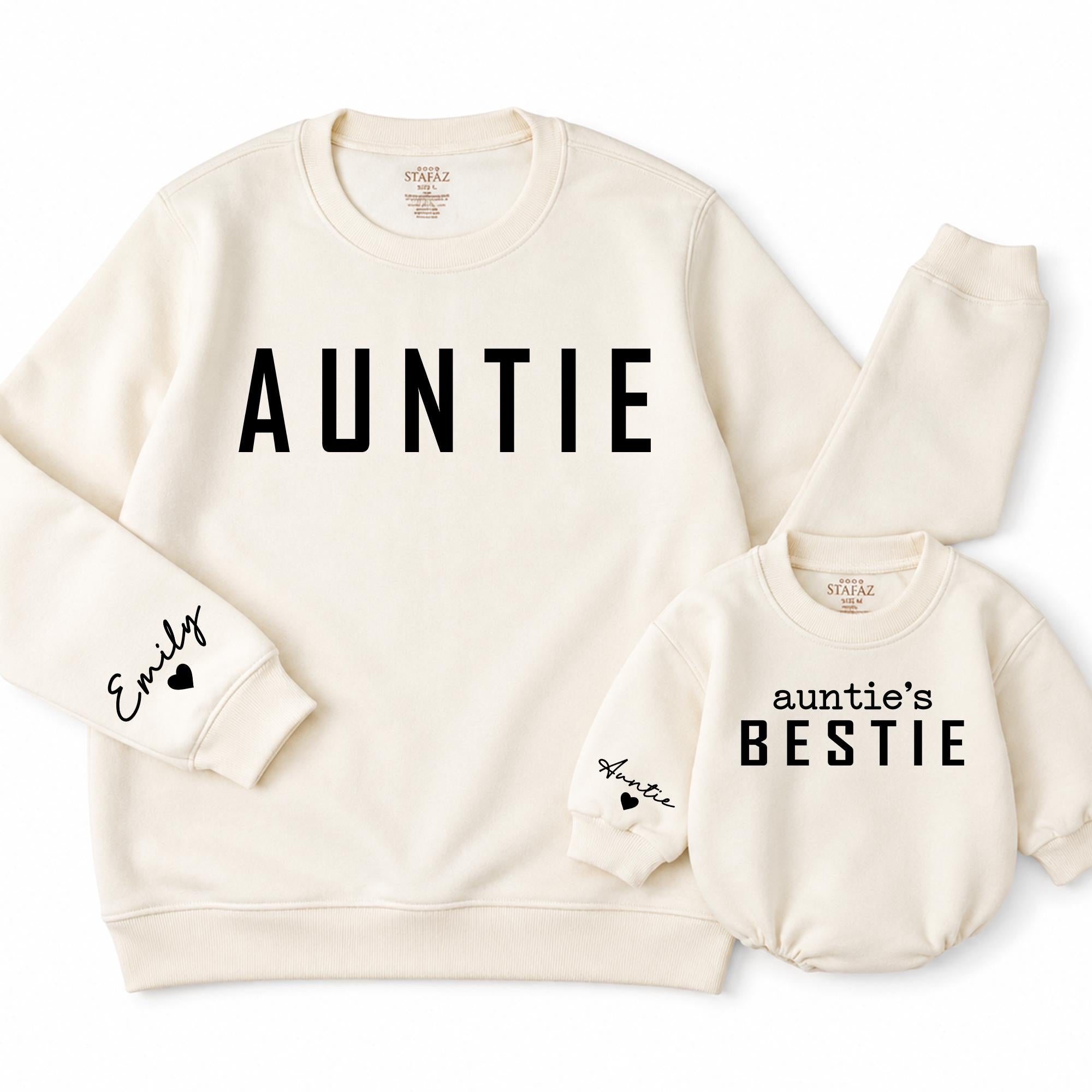 Auntie and Auntie's Bestie Matching Sweatshirts with Custom Names, Cozy Long Sleeve Baby Romper and Adult Shirt Gift