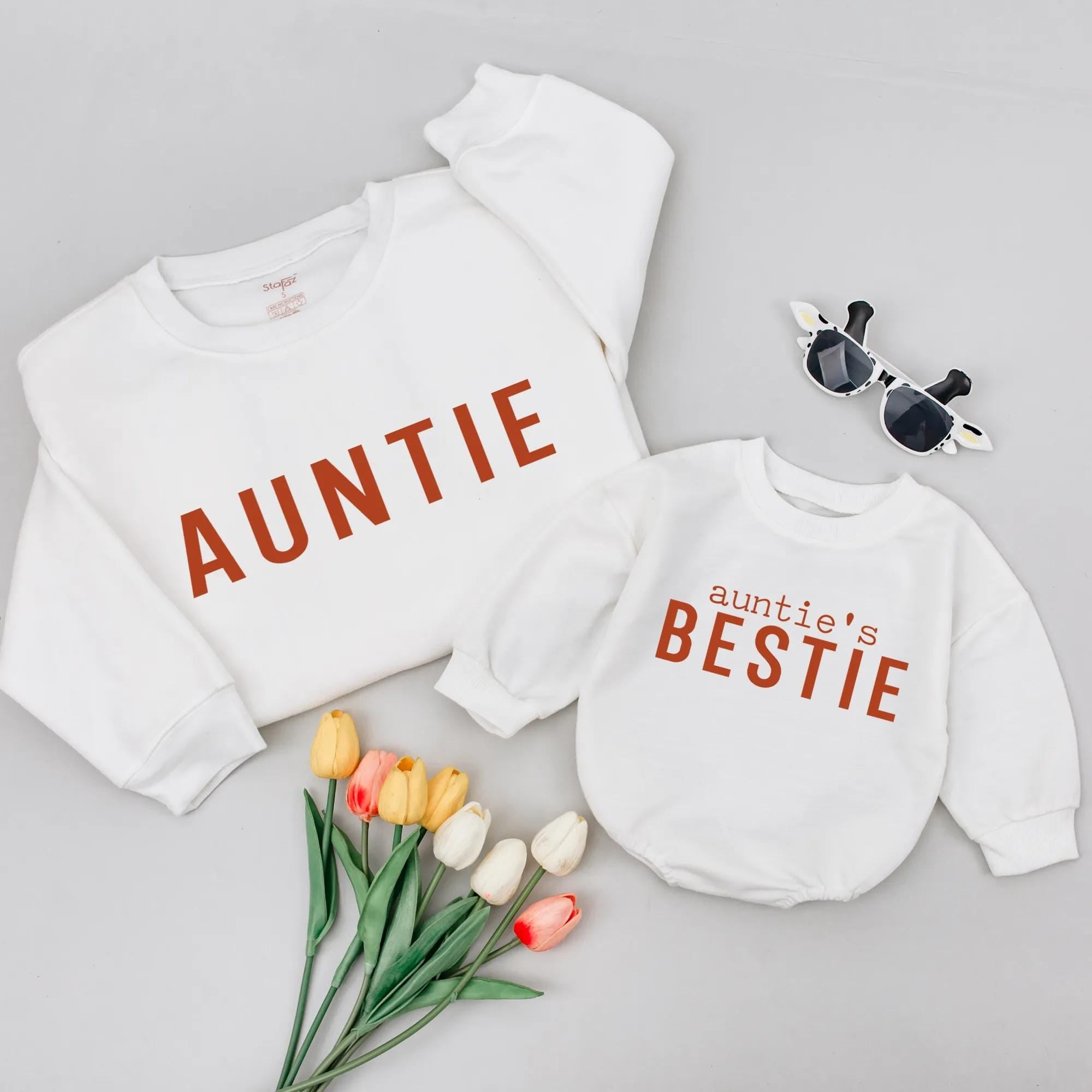 Auntie and Auntie's Bestie Matching Sweatshirts Minimalist Fall Design Cozy Cotton Gift for Aunt Baby Toddler Thanksgiving Outfit