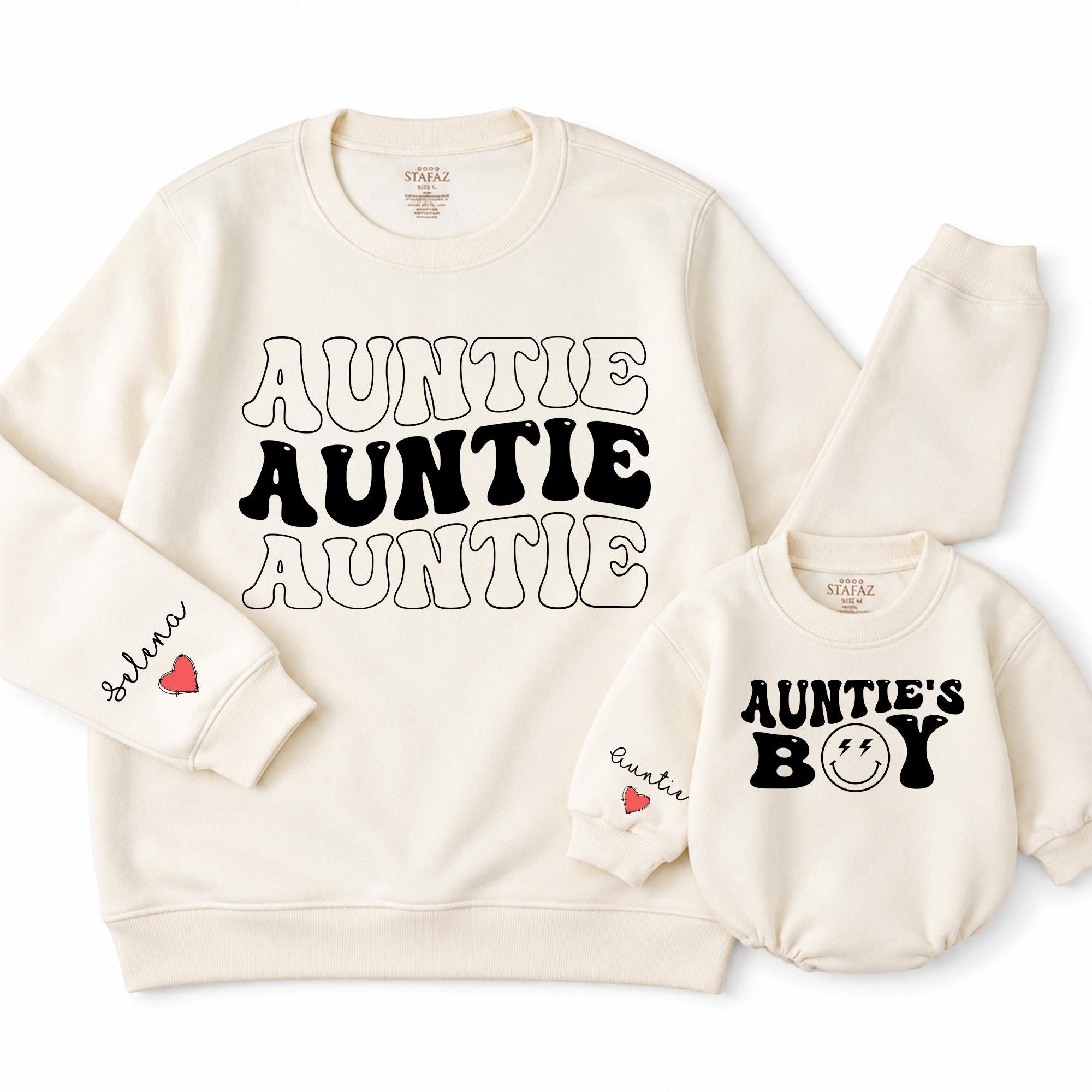 Auntie and Auntie's Boy Matching Sweatshirts with Bold Font and Heart Sleeve Detail, Personalized Family Gift, Sizes NB-2XL