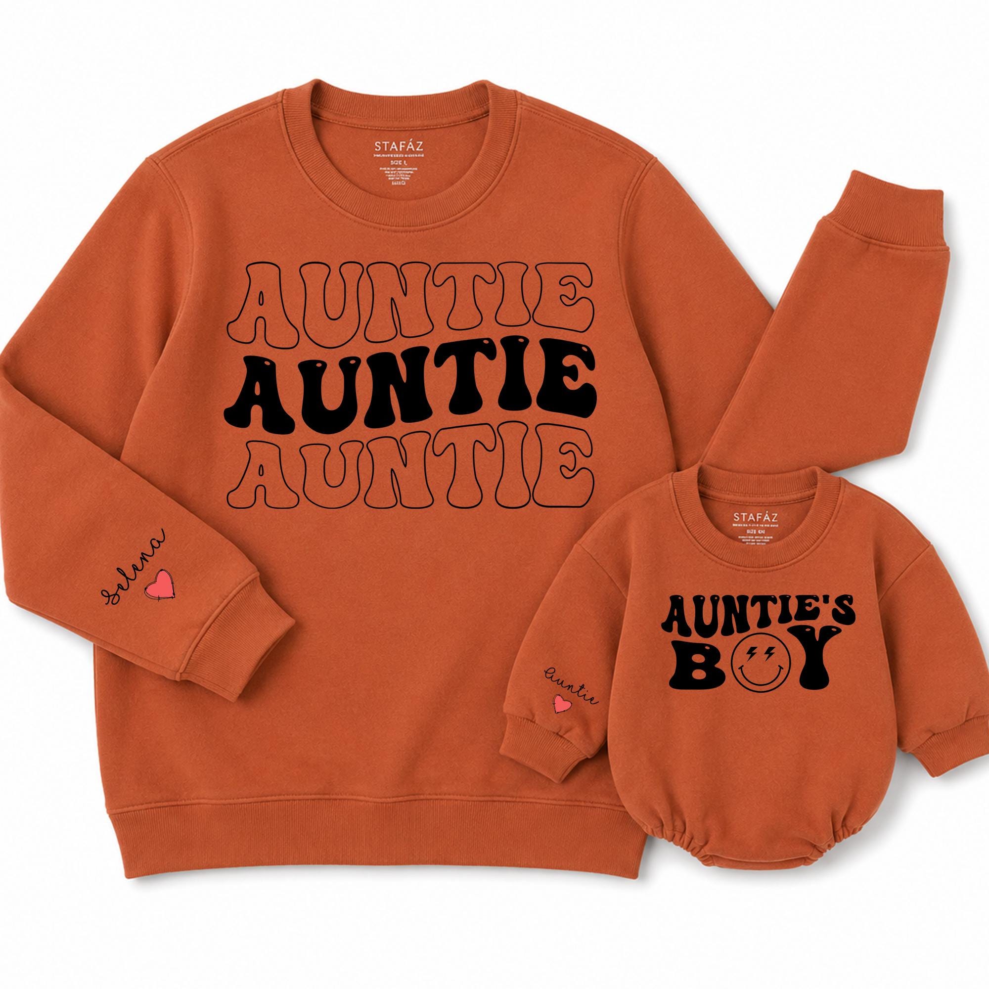 Auntie and Auntie's Boy Matching Sweatshirts with Bold Font and Heart Sleeve Detail, Personalized Family Gift, Sizes NB-2XL