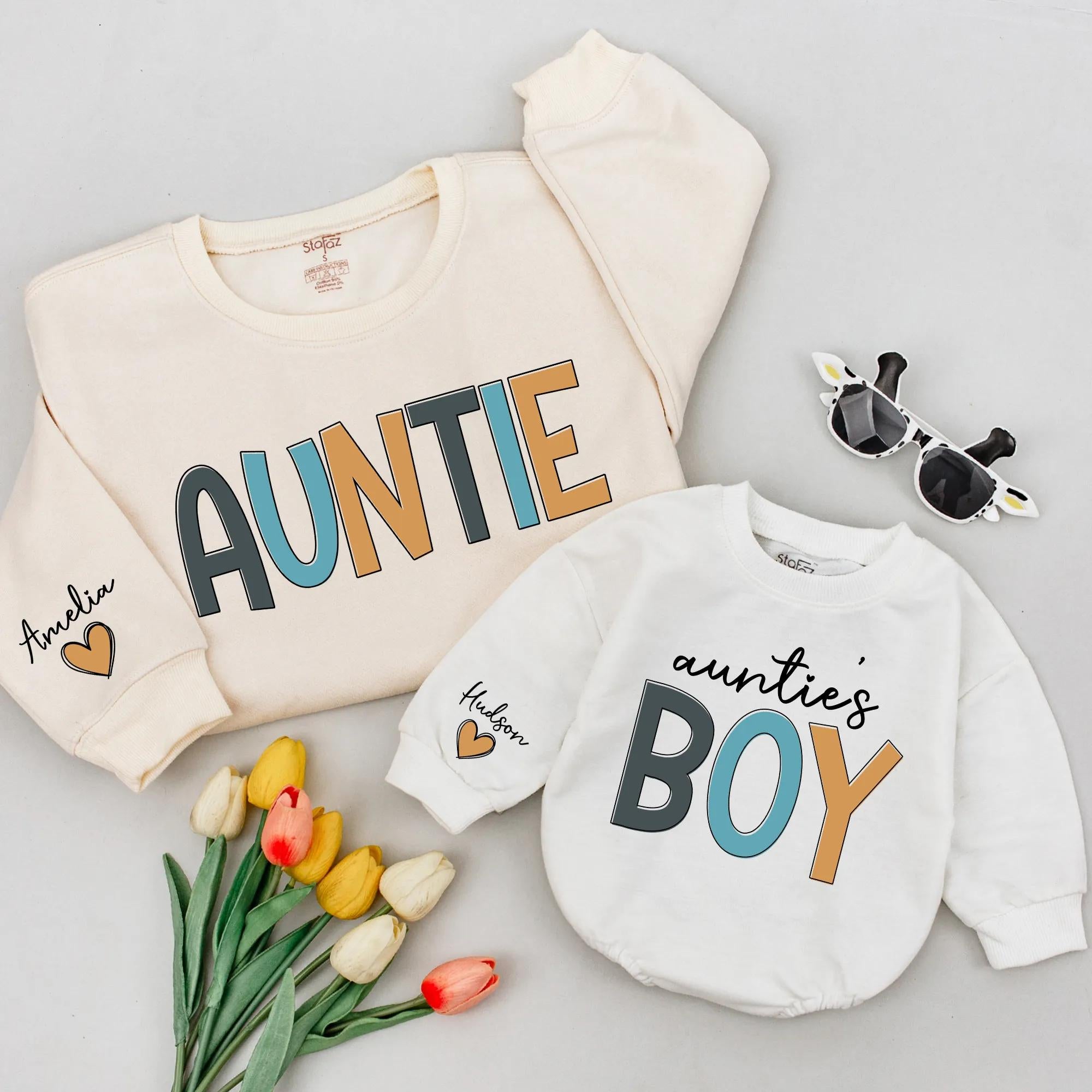 Auntie and Auntie's Boy Matching Sweatshirts with Custom Names, Family Outfit for Aunt and Nephew, Unique Gift for Aunts