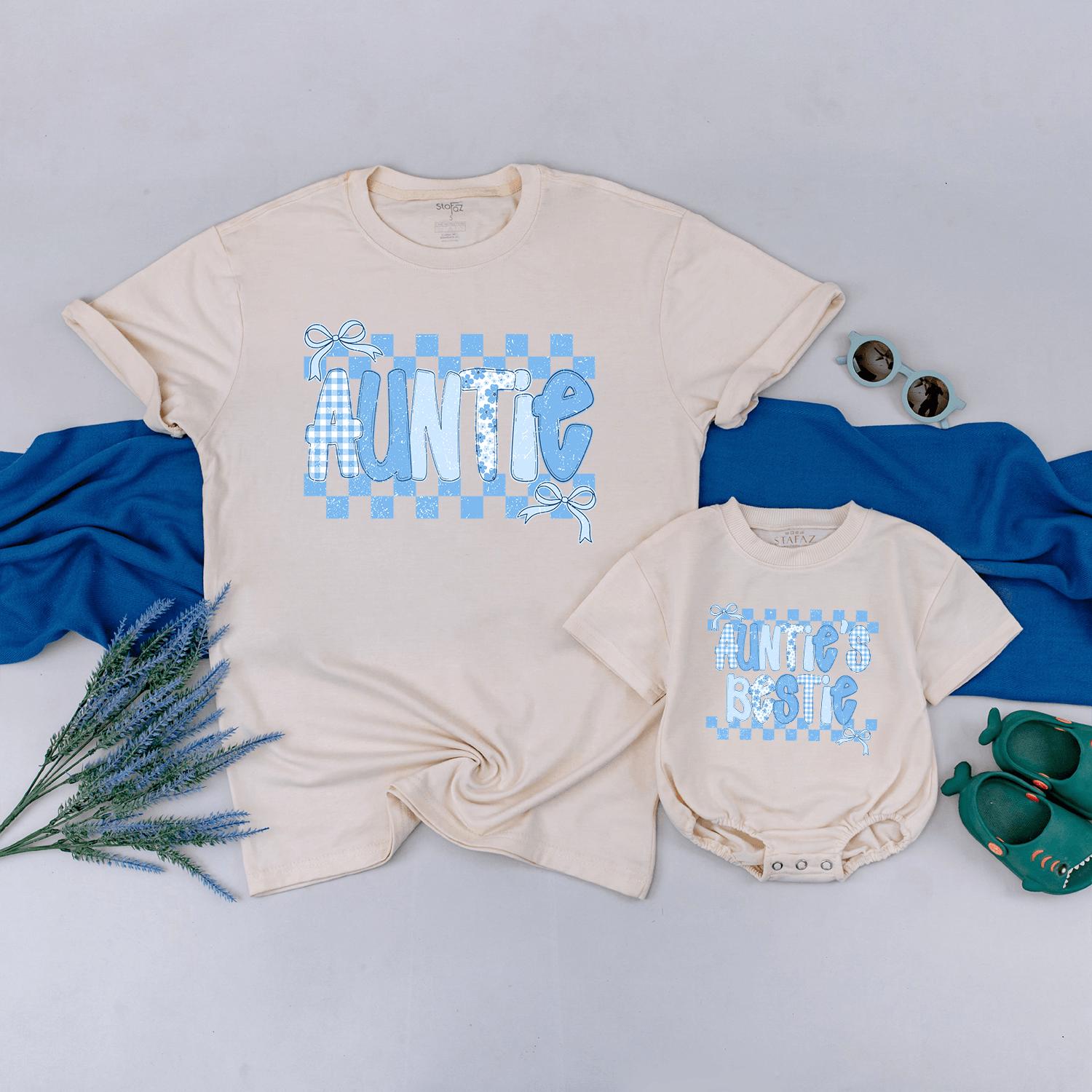 Auntie and Baby Matching Shirts Retro Light Blue Design Gift for New Aunt Niece Nephew Outfit Playful Bubbly Font Comfortable Cotton