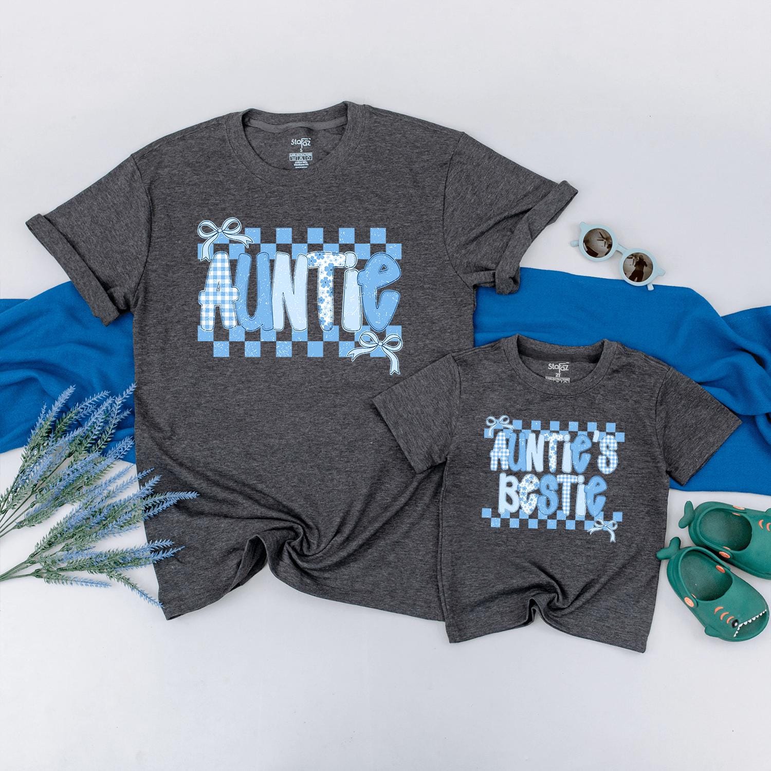 Auntie and Baby Matching Shirts Retro Light Blue Design Gift for New Aunt Niece Nephew Outfit Playful Bubbly Font Comfortable Cotton