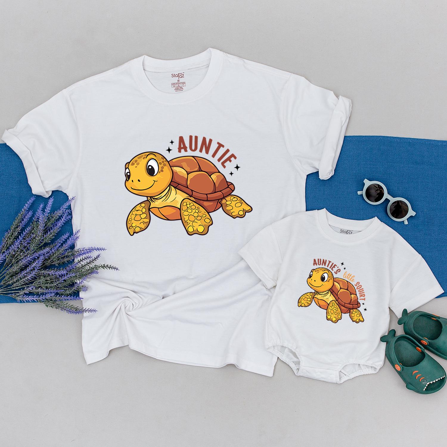 Auntie Baby Shirt with Cute Yellow Turtle Matching Family Gift Personalized Name Birthday Outfit Tia Holiday Soft Cotton Tee