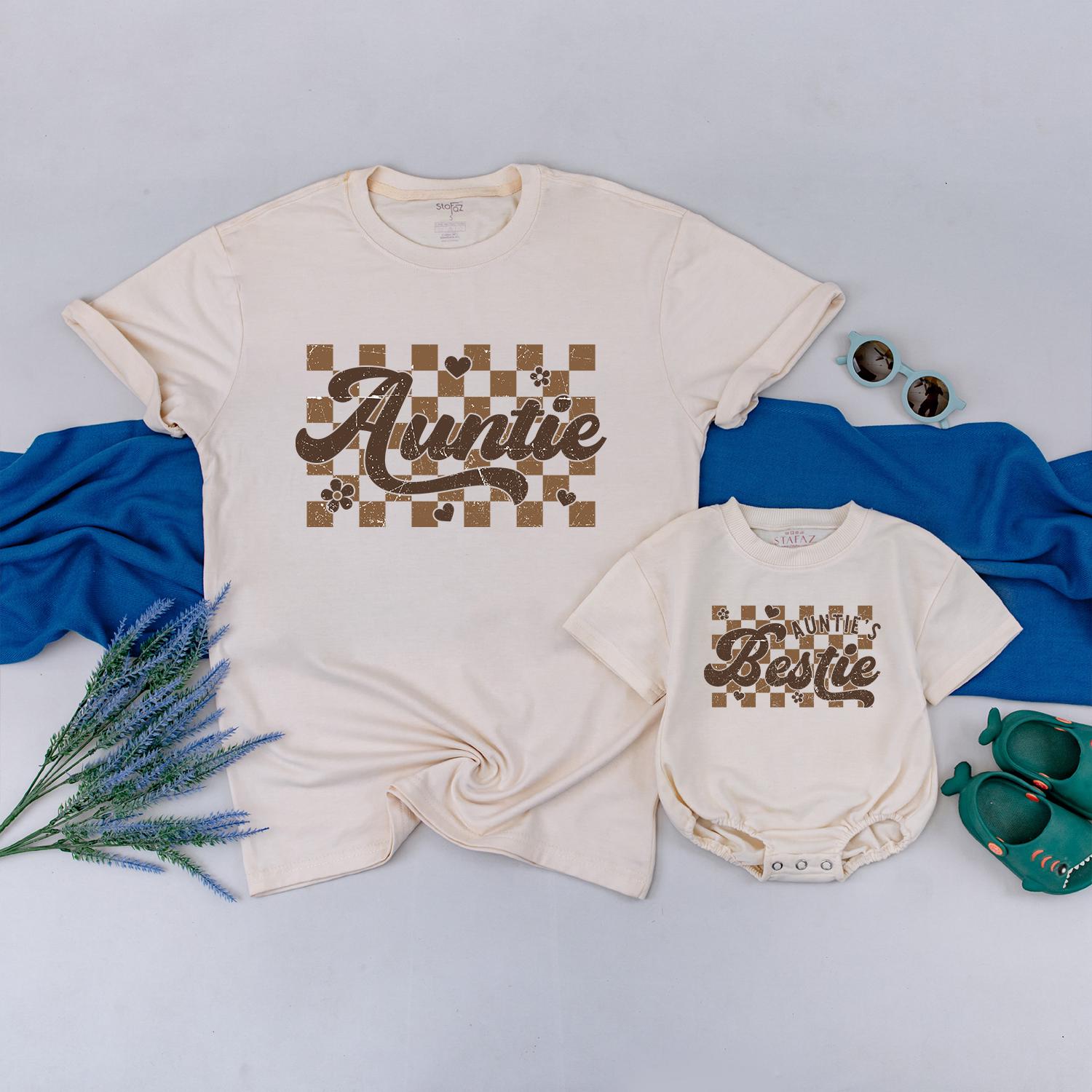 Auntie and Bestie Checkerboard Matching Shirt and Baby Bodysuit Set, Personalized Baby Shower Gift, Aunt and Niece Outfit