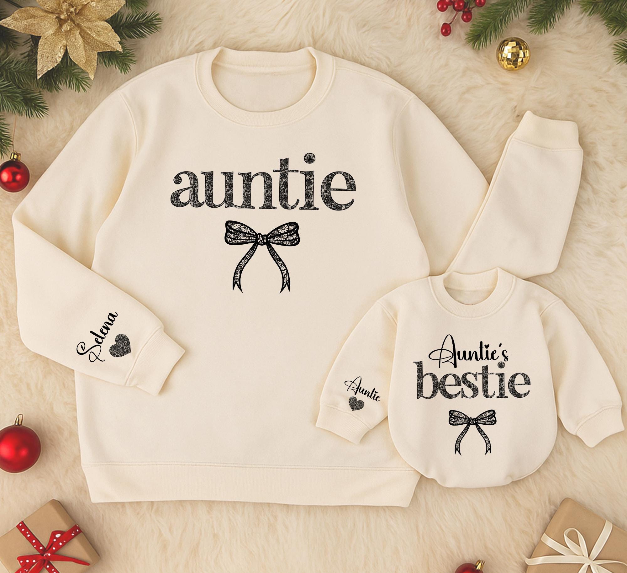Auntie and Bestie Matching Sweatshirts with Bow Details Personalized Black Text Soft Cotton Aunt Baby Outfit Family Gift