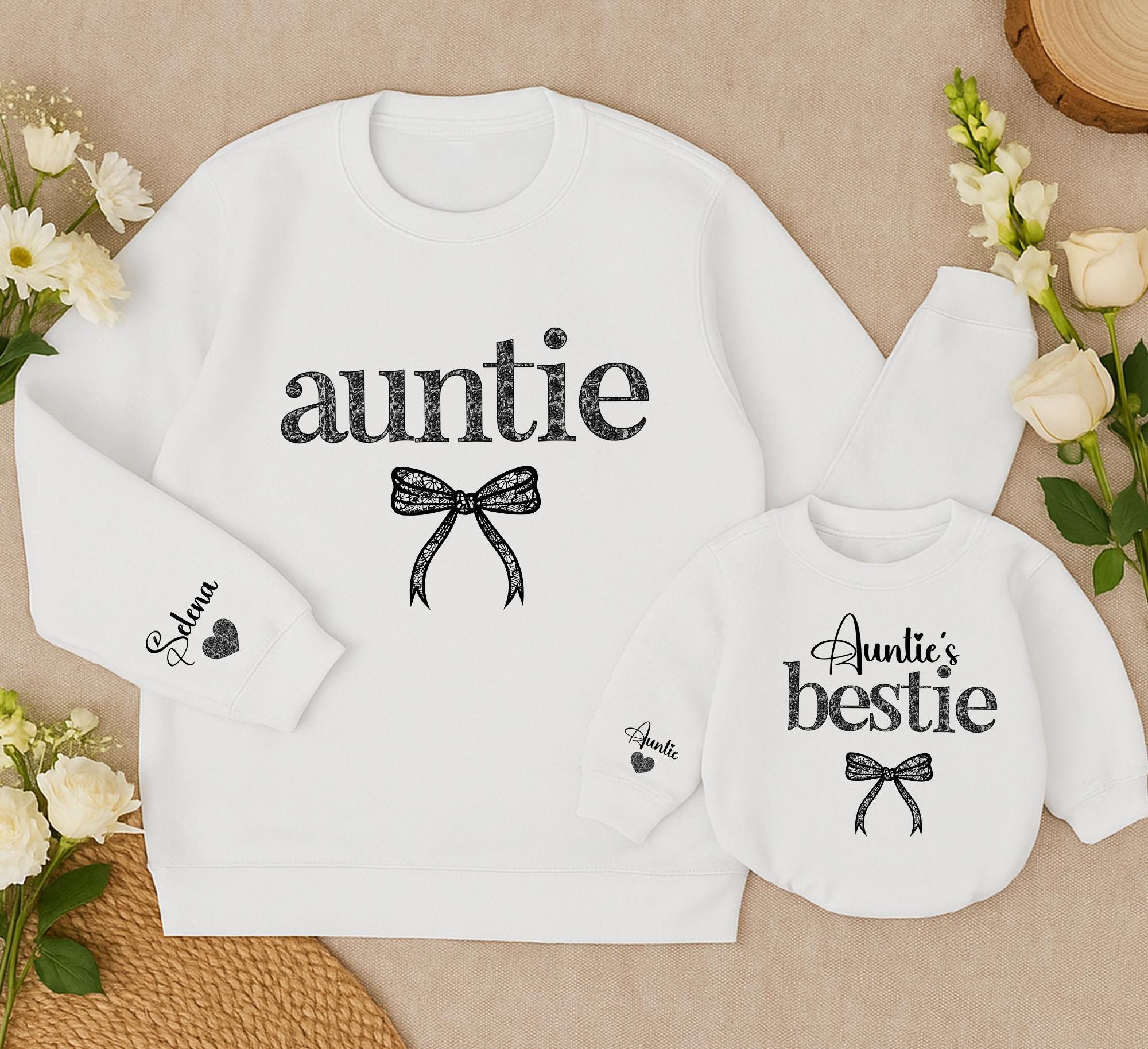 Auntie and Bestie Matching Sweatshirts with Bow Details Personalized Black Text Soft Cotton Aunt Baby Outfit Family Gift