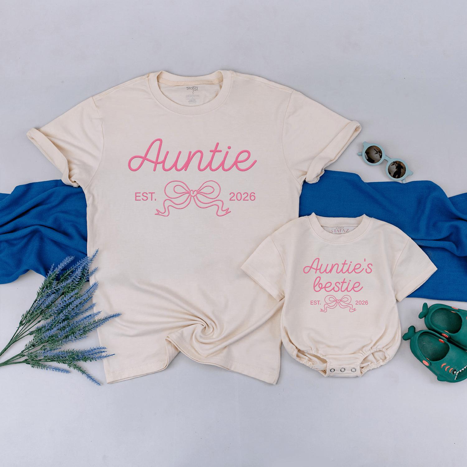 Auntie Est. 2026 Matching Shirt and Baby Bodysuit Set with Pink Bow Design, Cute New Aunt Gift and Baby Outfit for Photoshoots