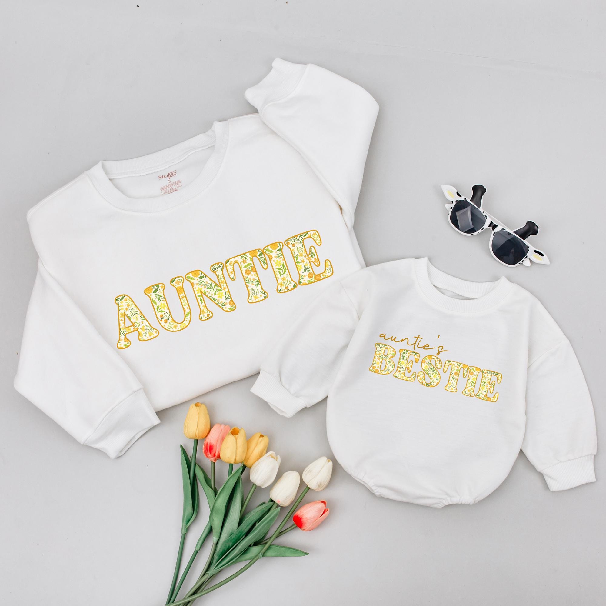 Auntie Floral Sweatshirt & Auntie's Bestie Baby Romper, Matching Outfit for New Baby Announcement or Family Photos